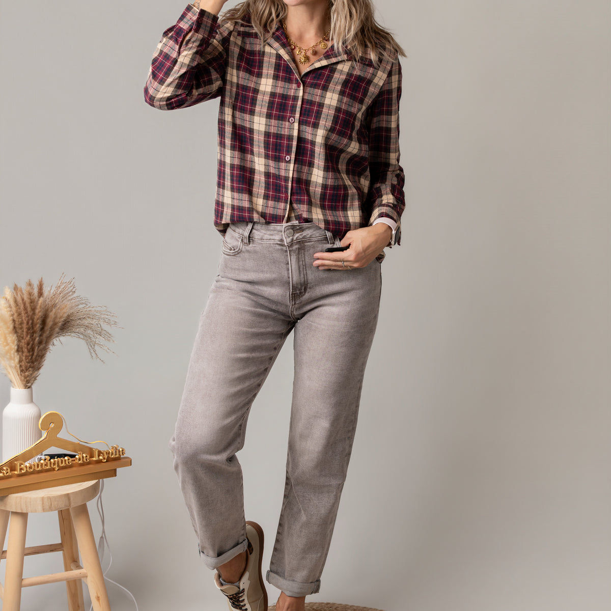 Chemise à carreaux bordeaux femme