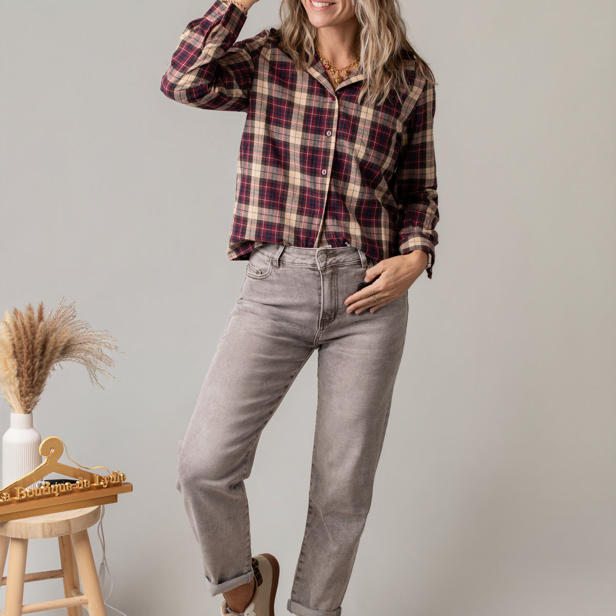 Chemise à carreaux bordeaux femme