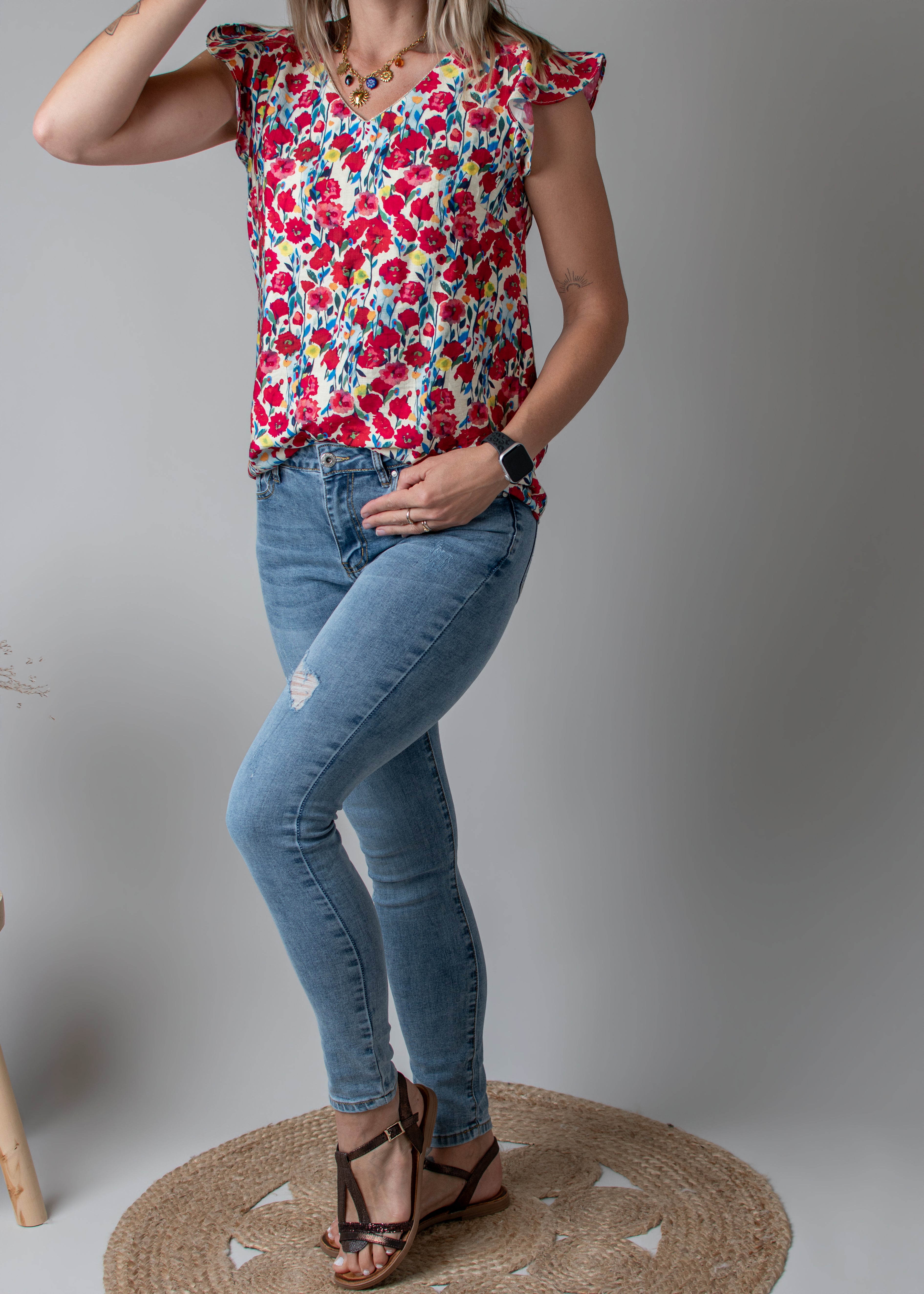 Blouse fleuri rouge femme