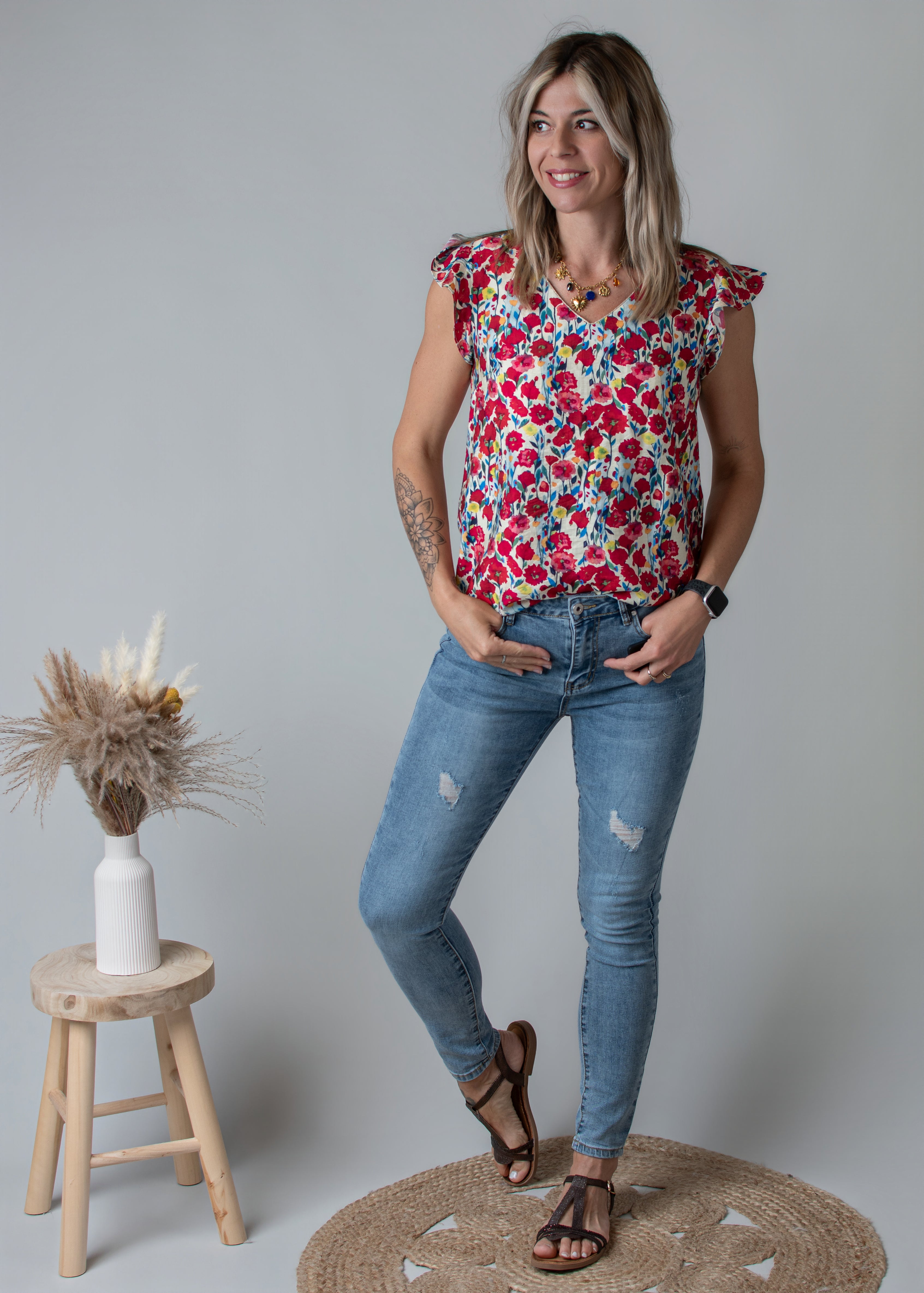 Blouse fleuri rouge la boutique de Lydie