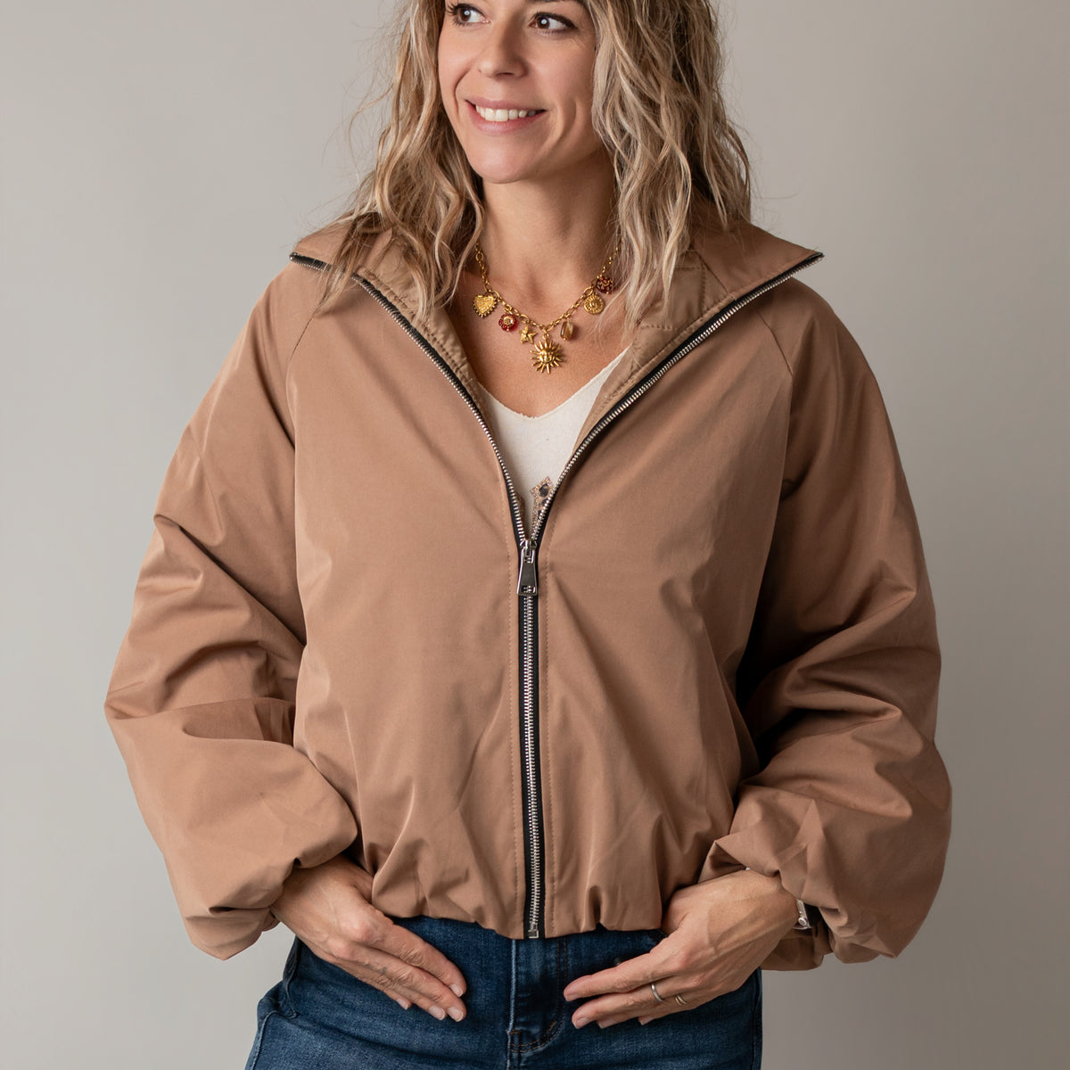 Blouson bombers court oversize Camel la boutique de lydie