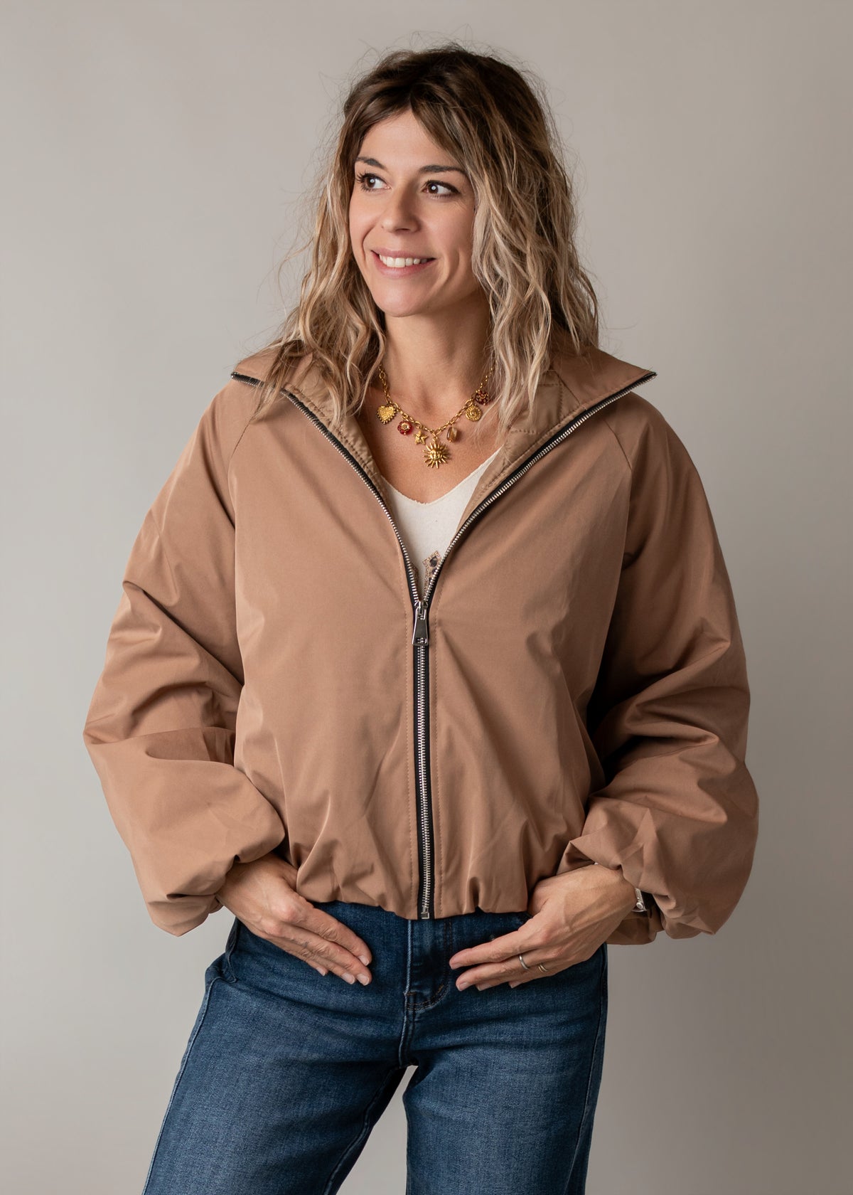 Blouson bombers court oversize Camel la boutique de lydie