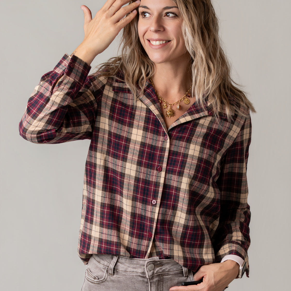Chemise à carreaux bordeaux femme