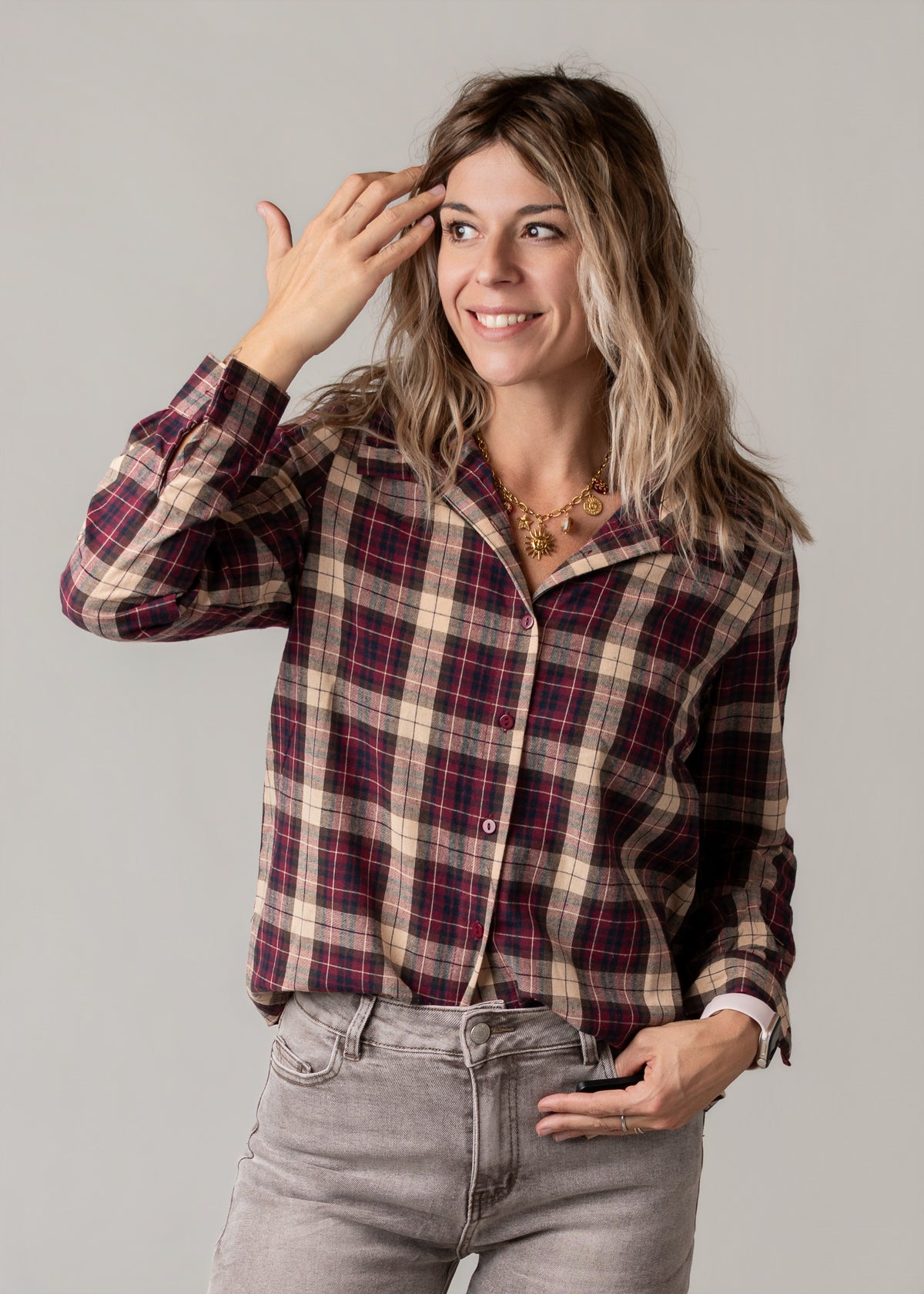 Chemise à carreaux bordeaux femme