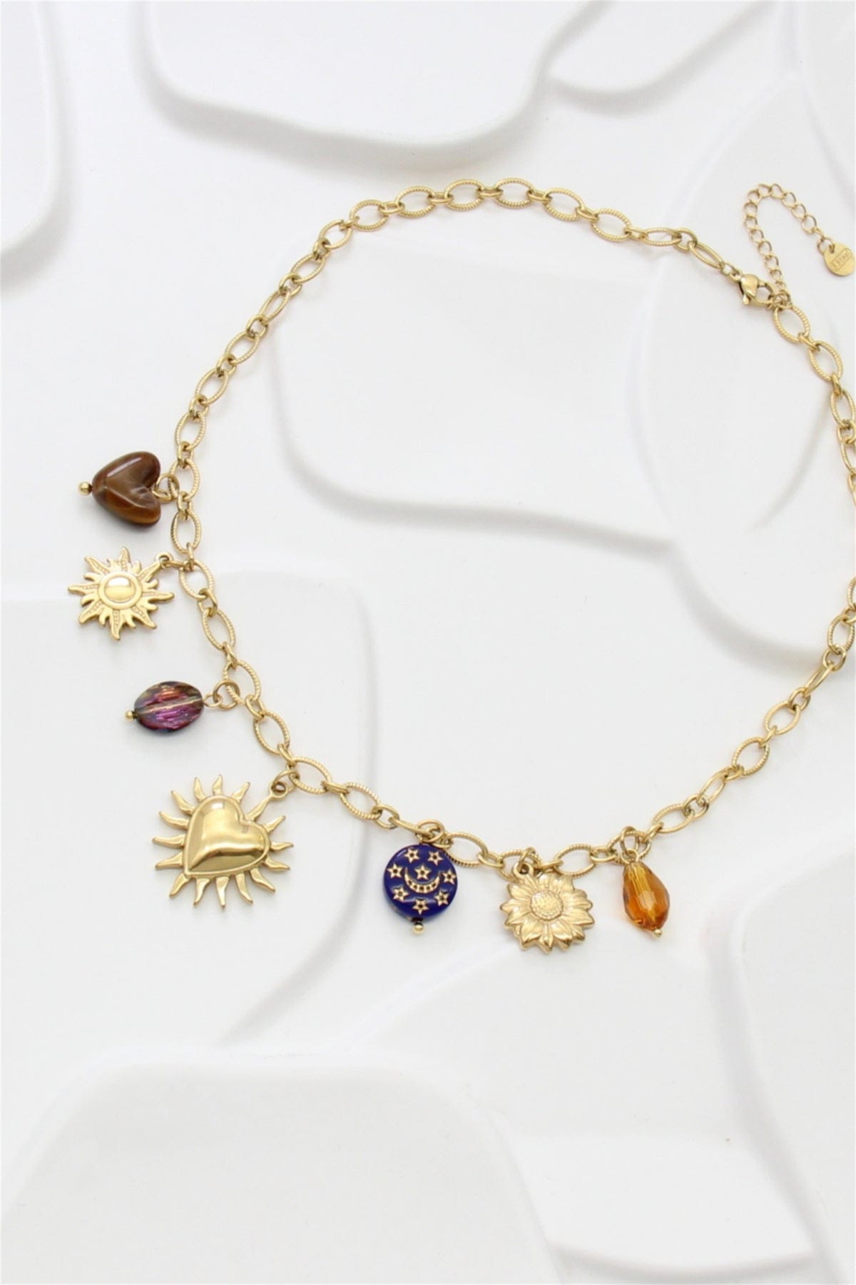 Collier charms soleil lune en acier inoxydable doré