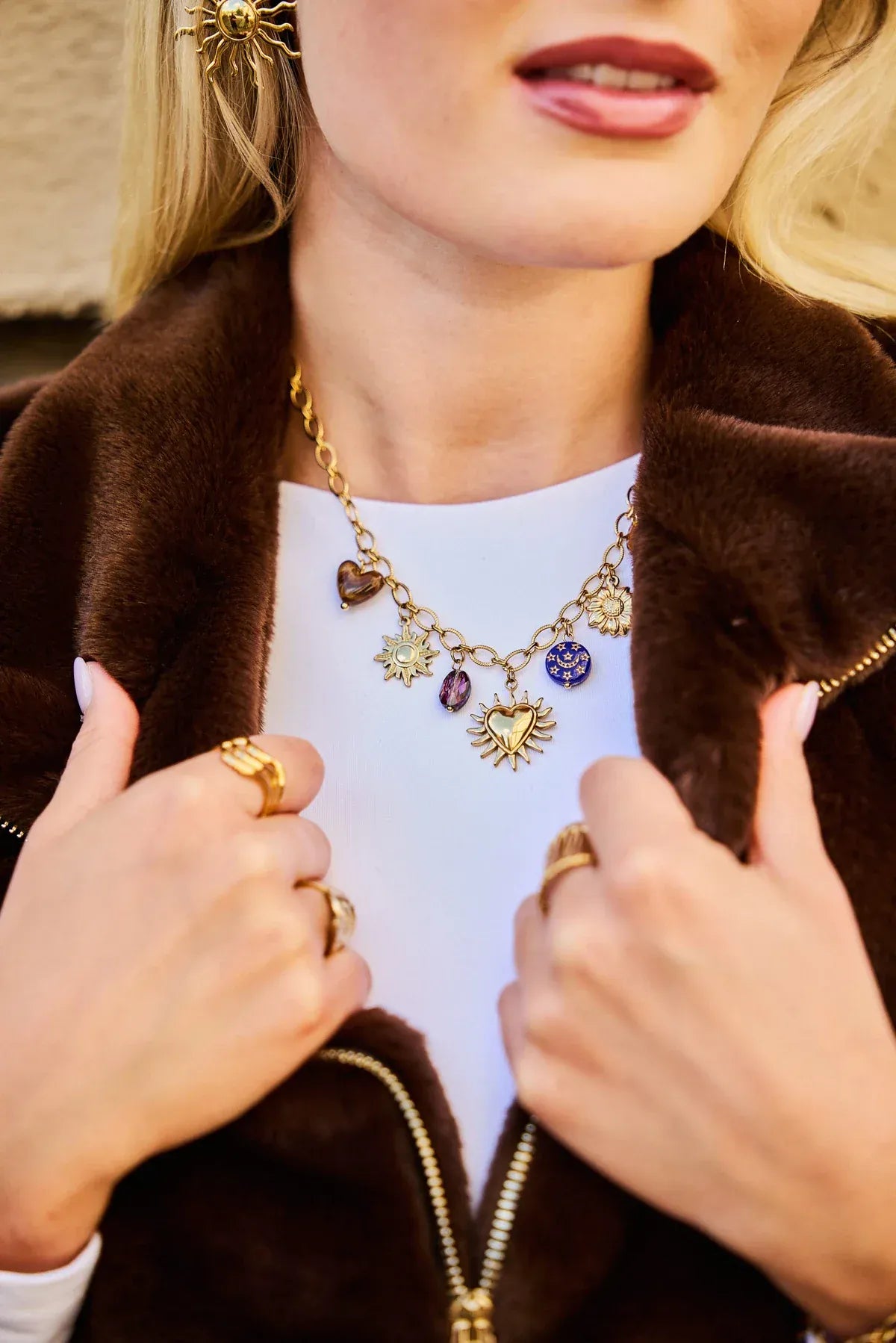 Collier charms soleil lune en acier inoxydable doré