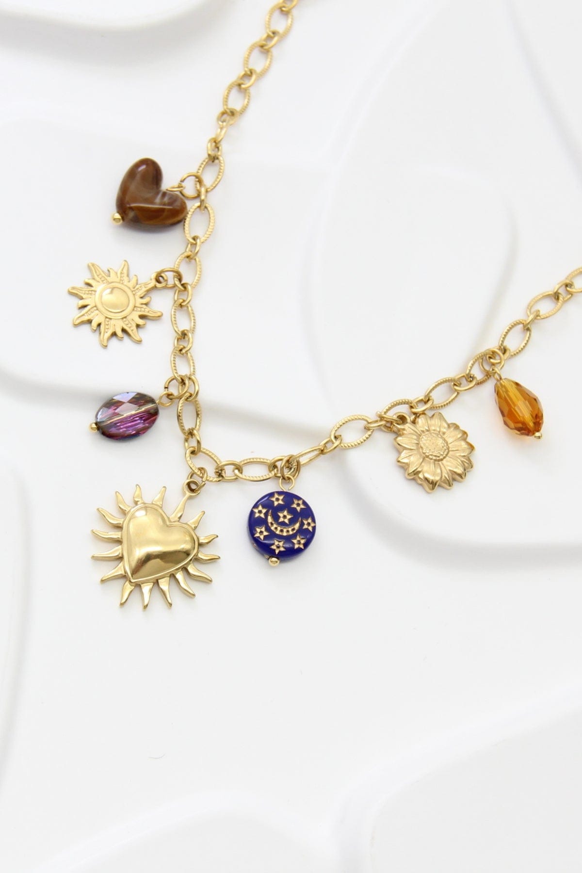 Collier charms soleil lune en acier inoxydable doré