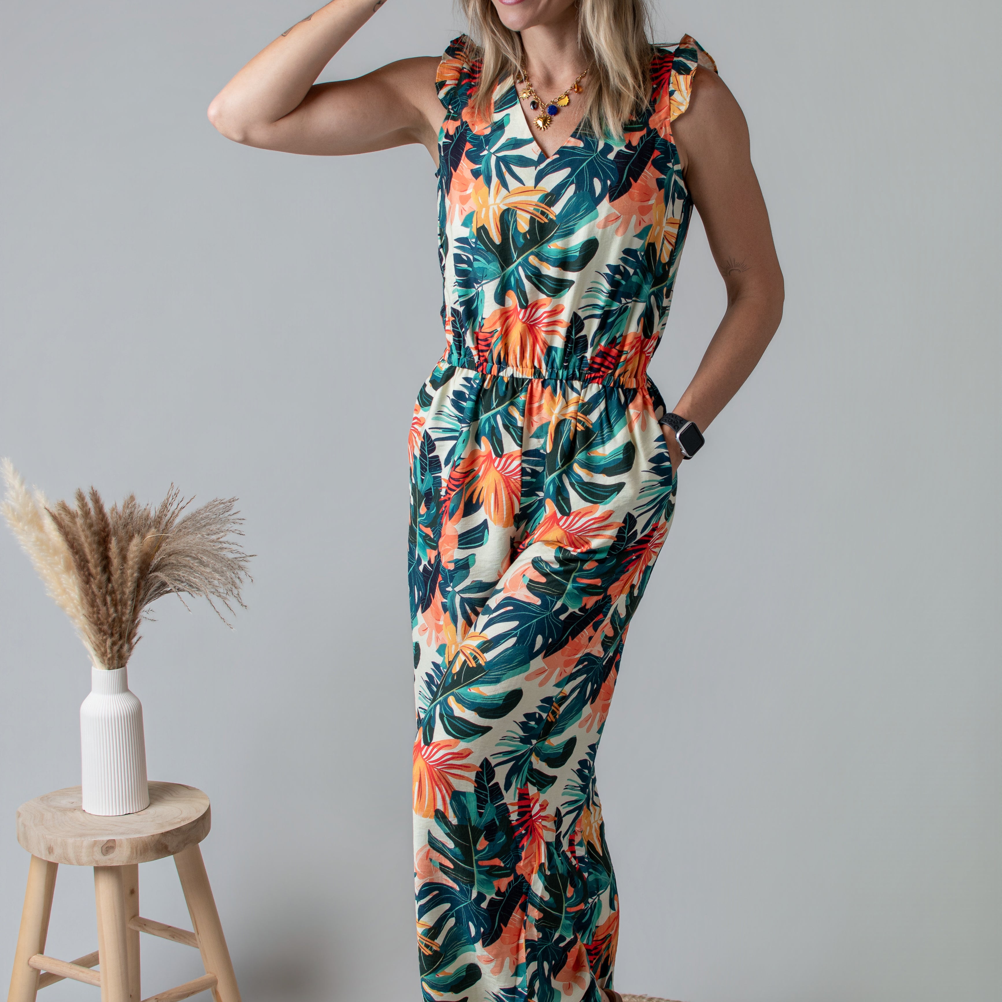 Combinaison pantalon femme à motif tropical