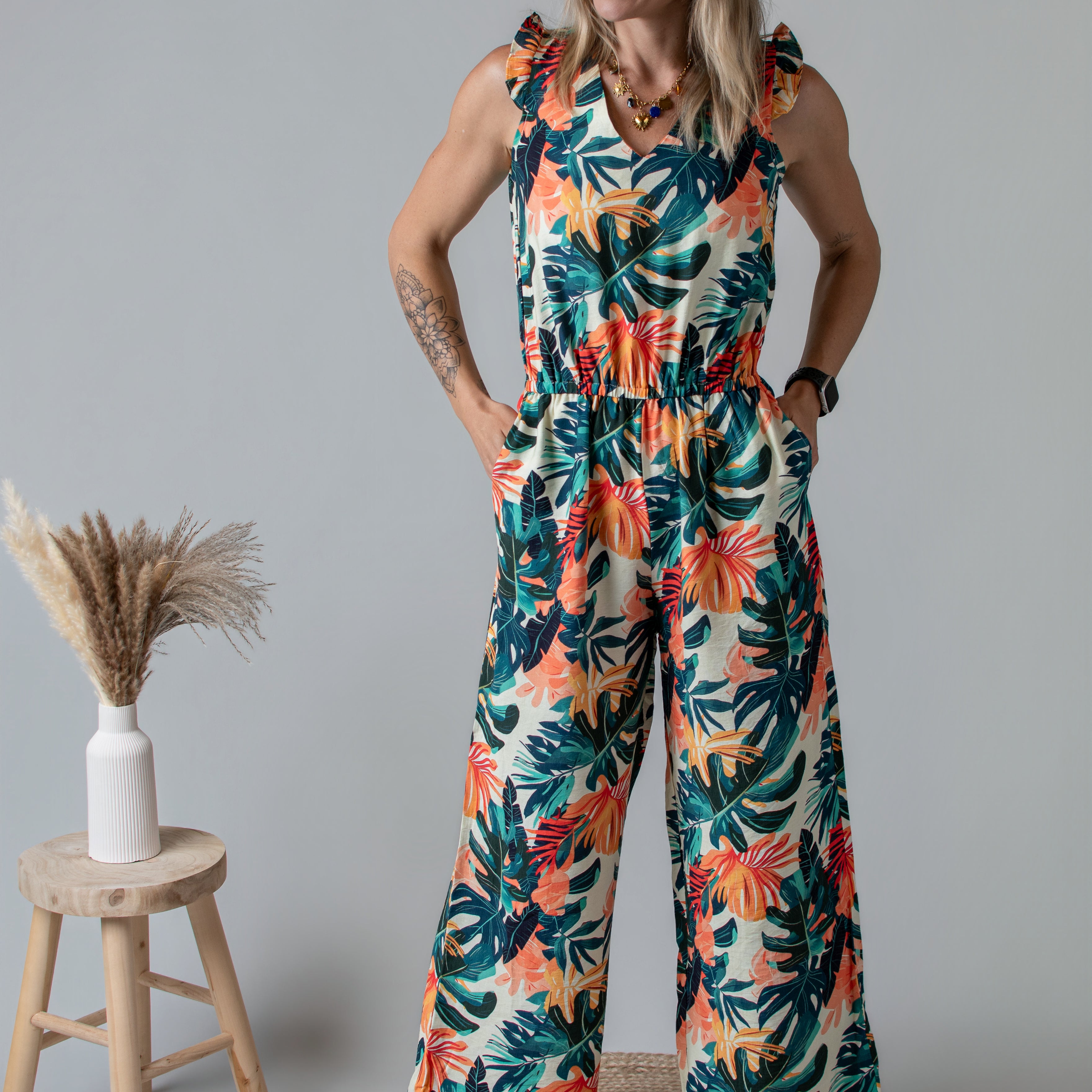Combinaison pantalon femme à motif tropical