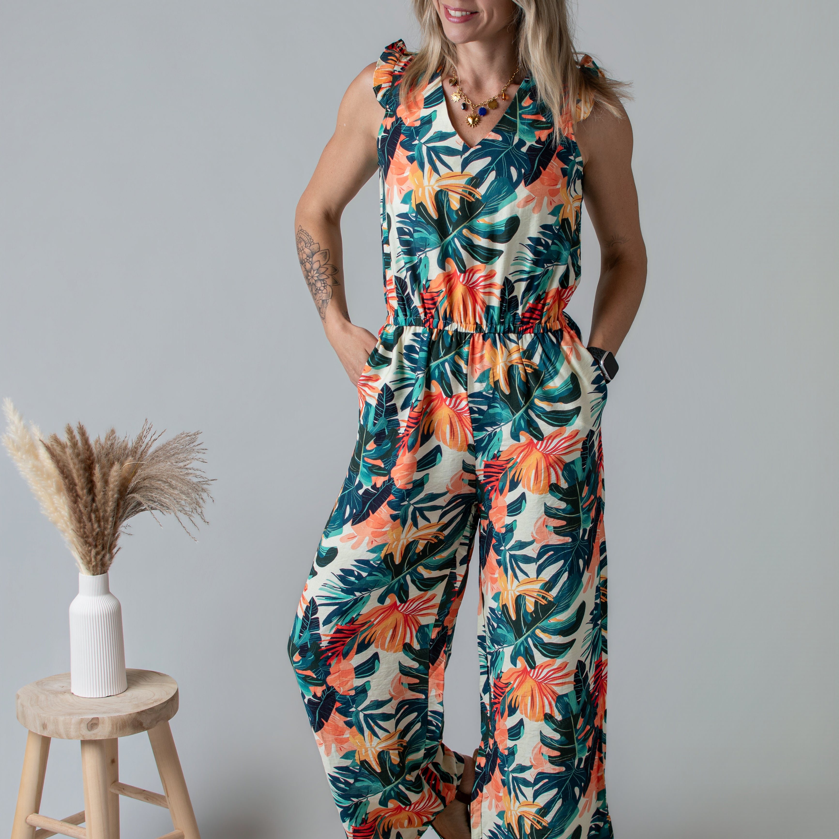 Combinaison pantalon femme à motif tropical