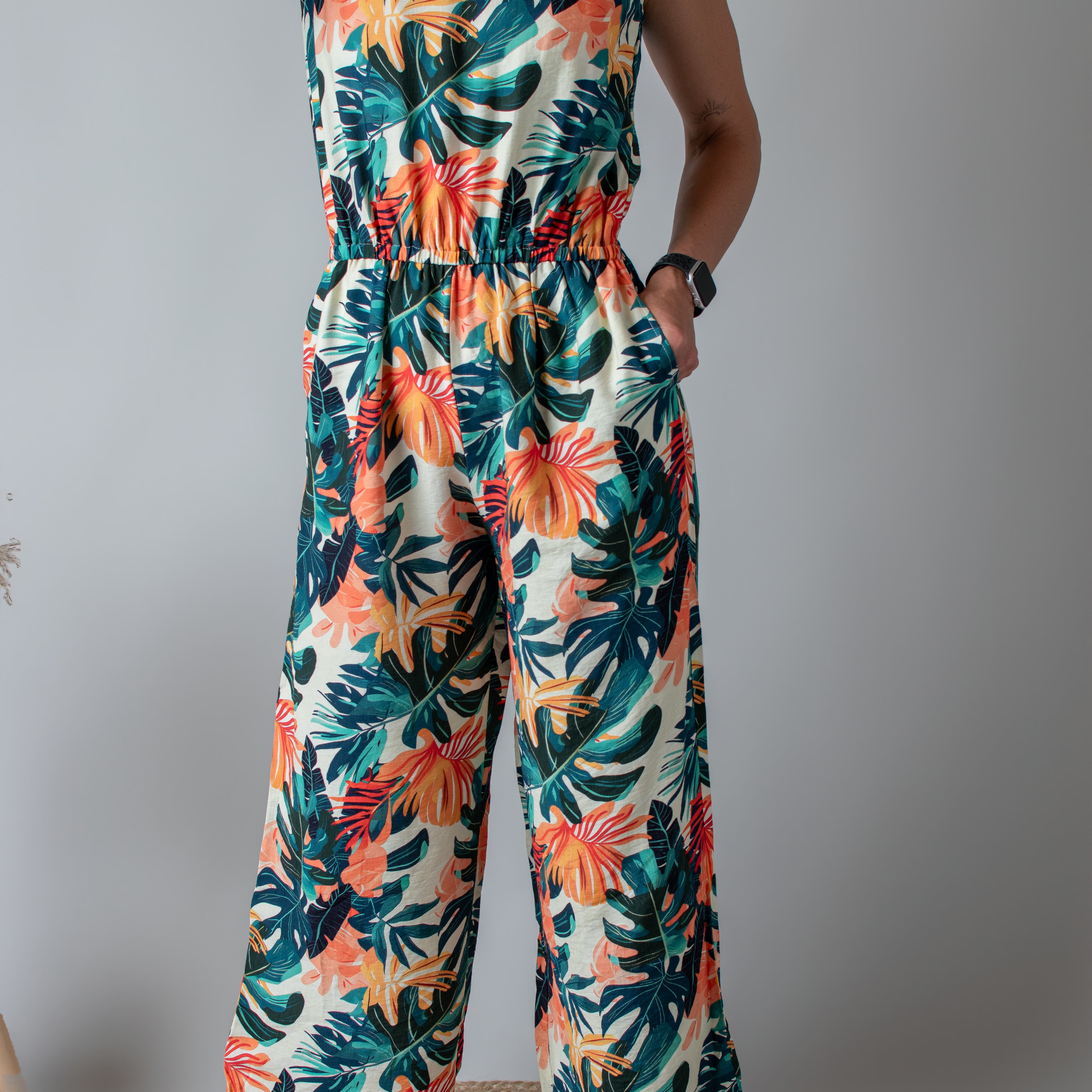 Combinaison pantalon femme à motif tropical