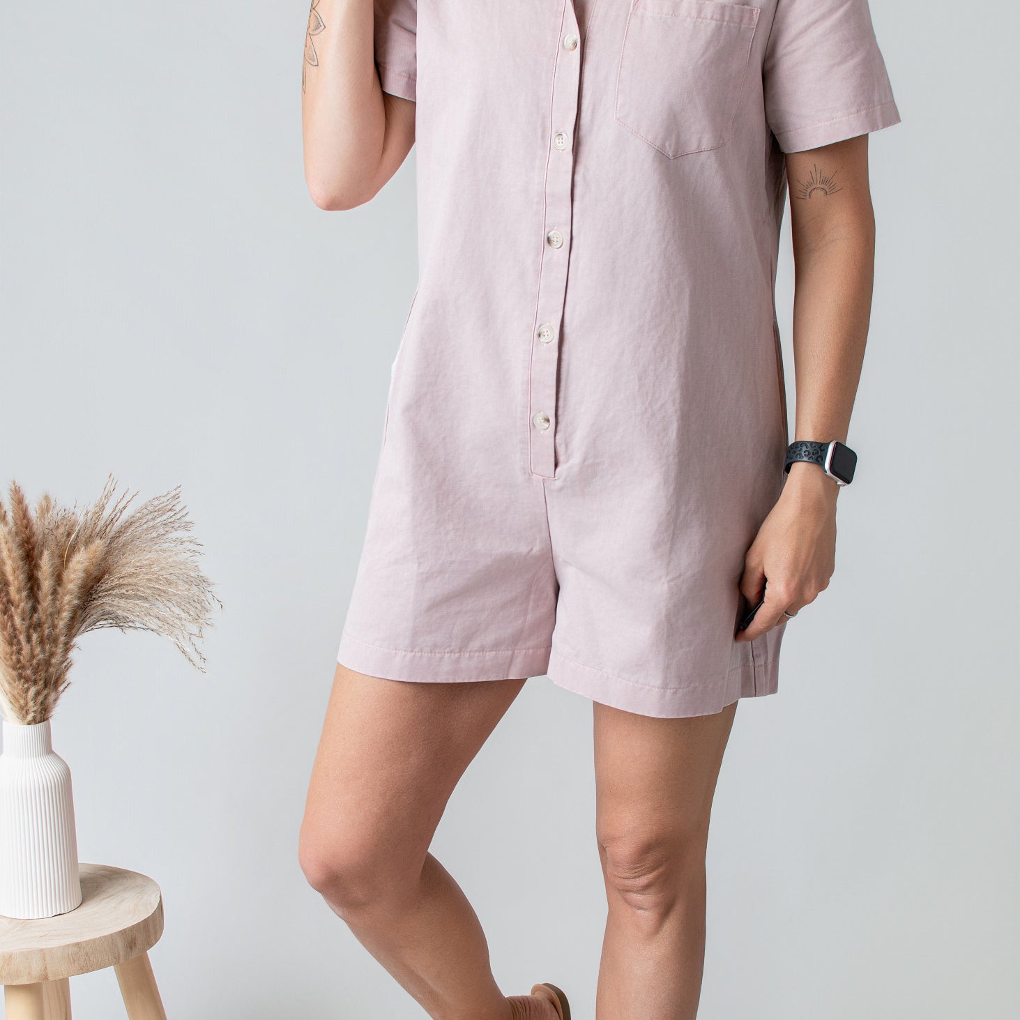 Combishort Droite Coton Vieux Rose Délavé