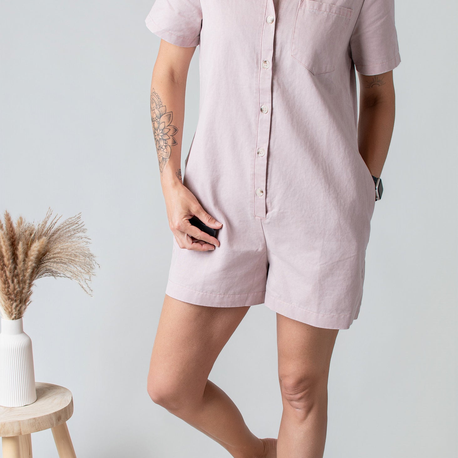 Combishort Droite Coton Vieux Rose Délavé