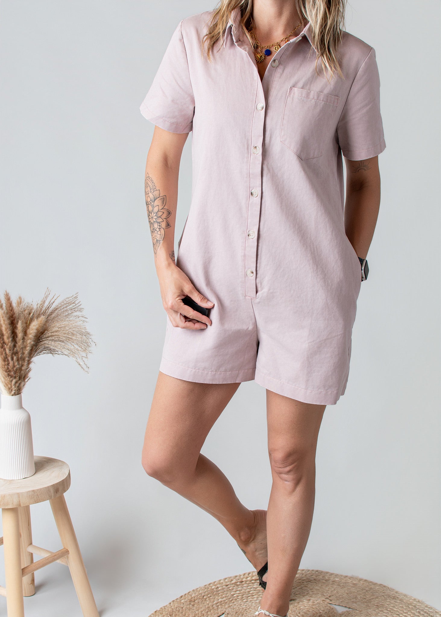 Combishort Droite Coton Vieux Rose Délavé