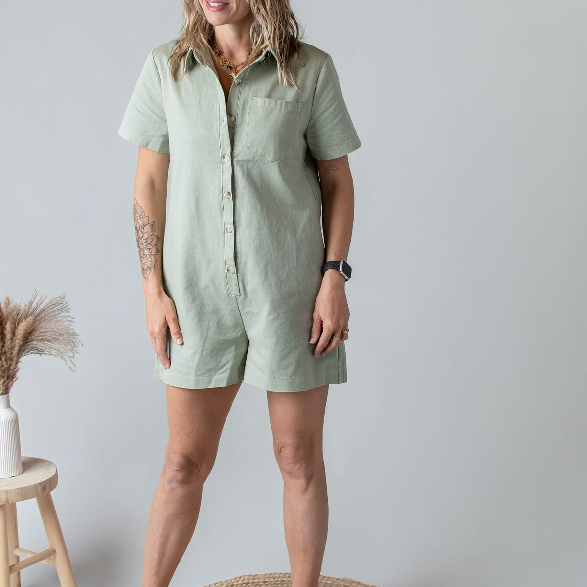 Combishort Droite Coton Kaki Clair Style Denim
