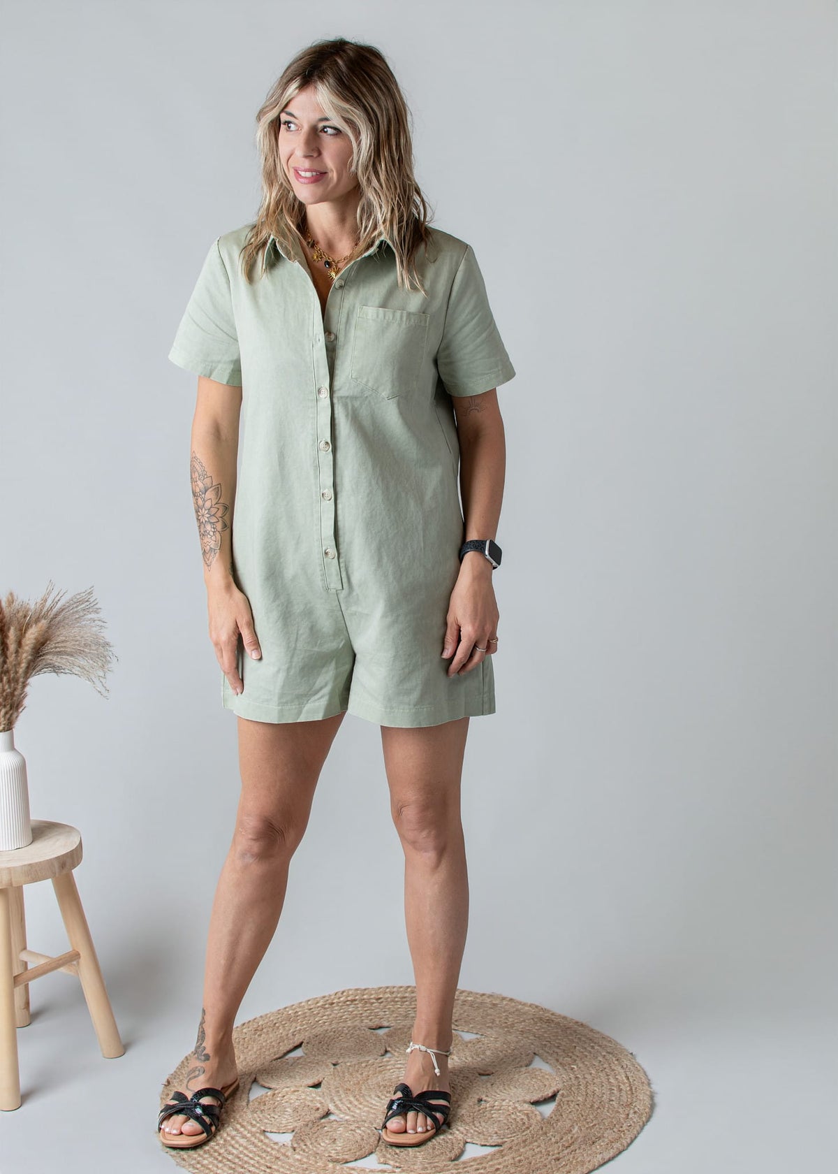 Combishort Droite Coton Kaki Clair Style Denim