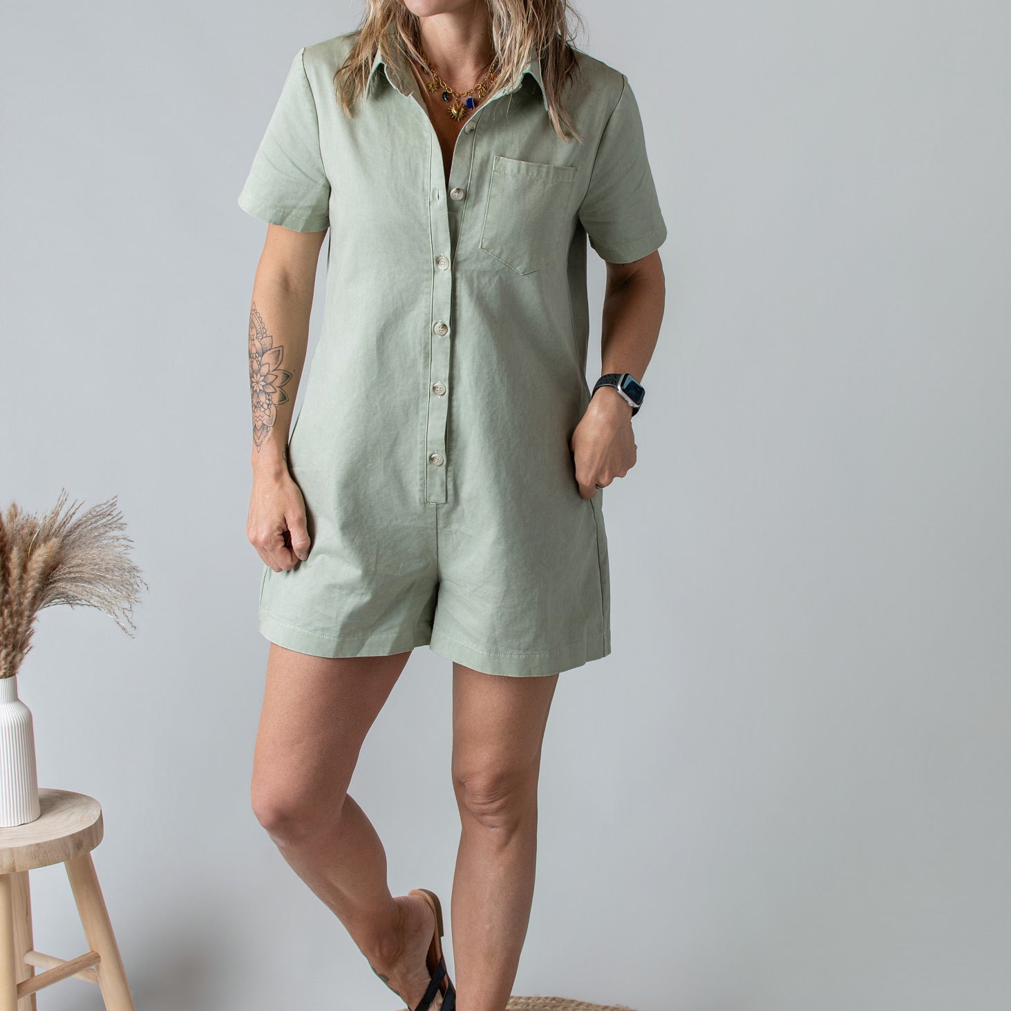 Combishort Droite Coton Kaki Clair Style Denim