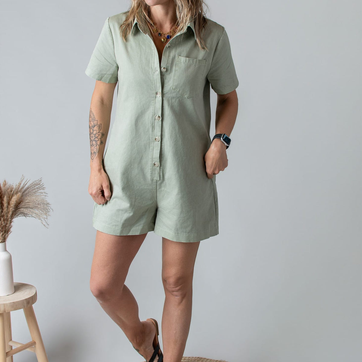 Combishort Droite Coton Kaki Clair Style Denim