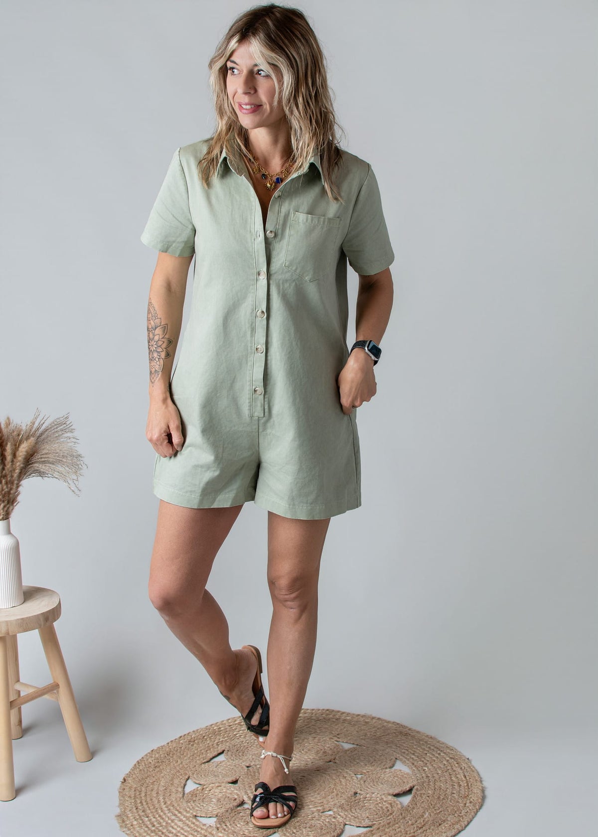 Combishort Droite Coton Kaki Clair Style Denim