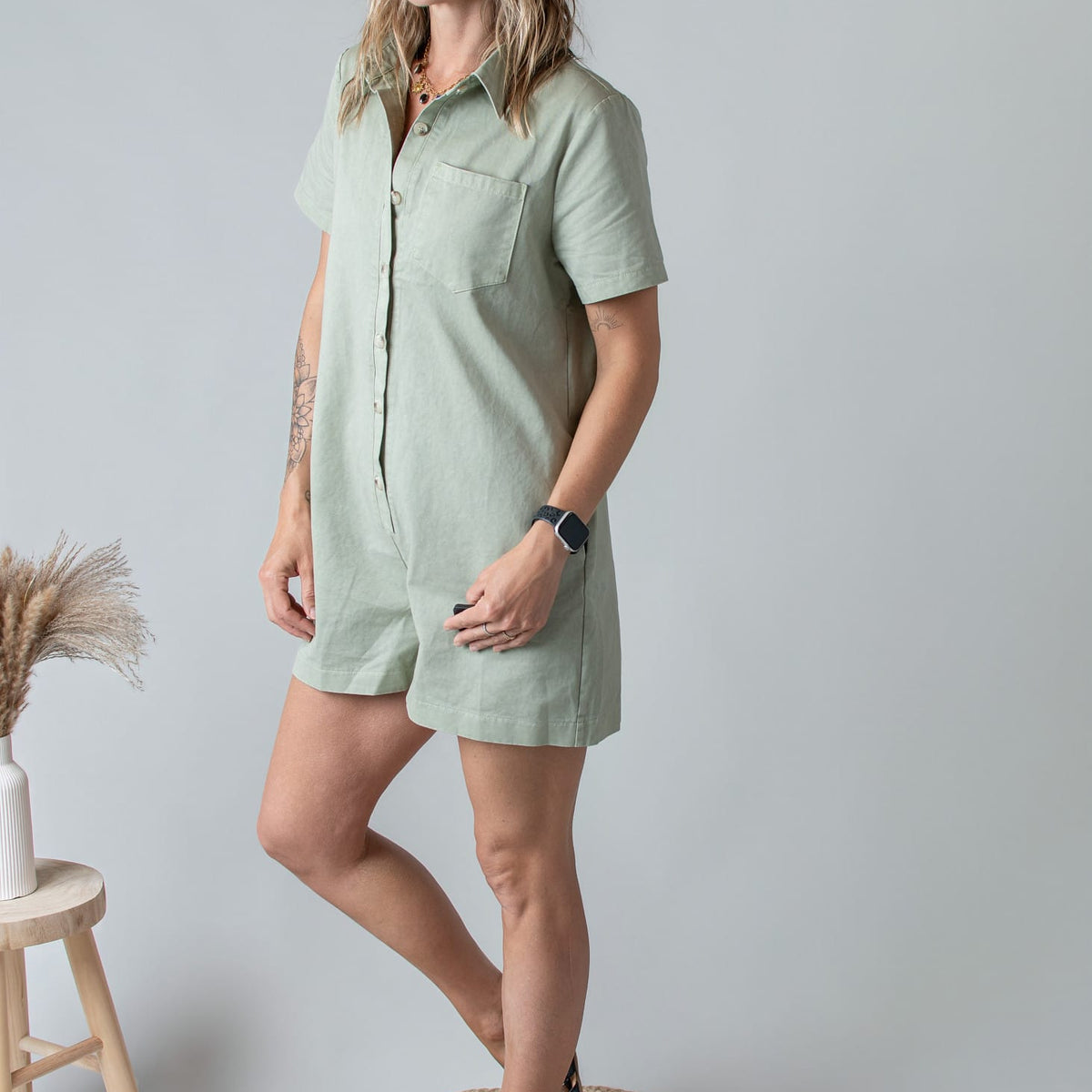 Combishort Droite Coton Kaki Clair Style Denim