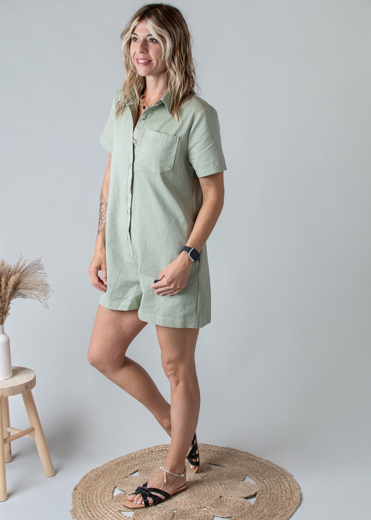 Combishort Droite Coton Kaki Clair Style Denim