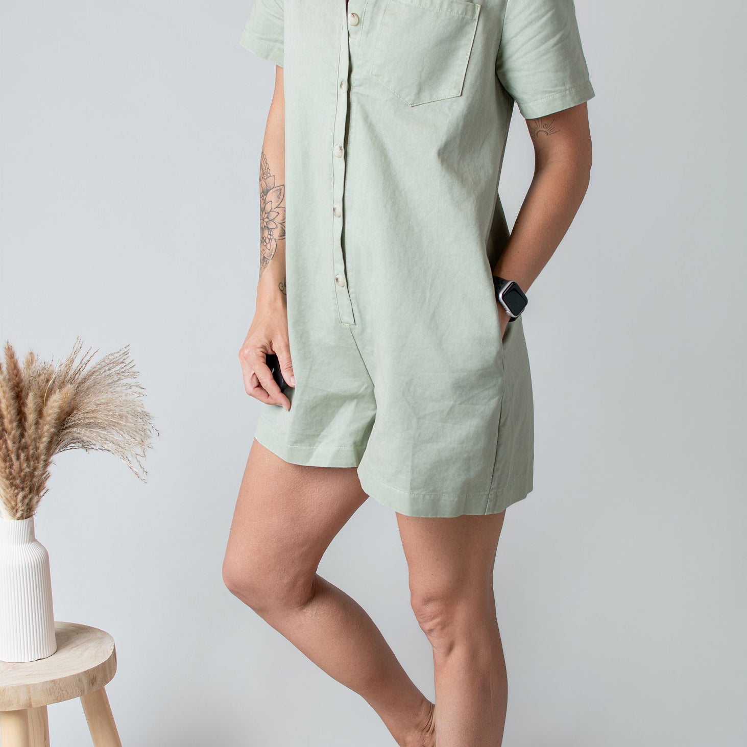 Combishort Droite Coton Kaki Clair Style Denim