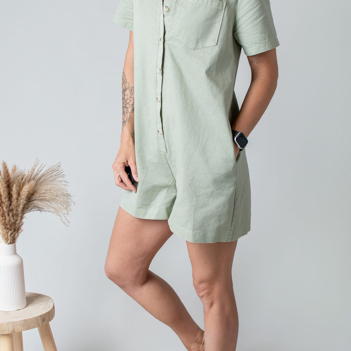Combishort Droite Coton Kaki Clair Style Denim