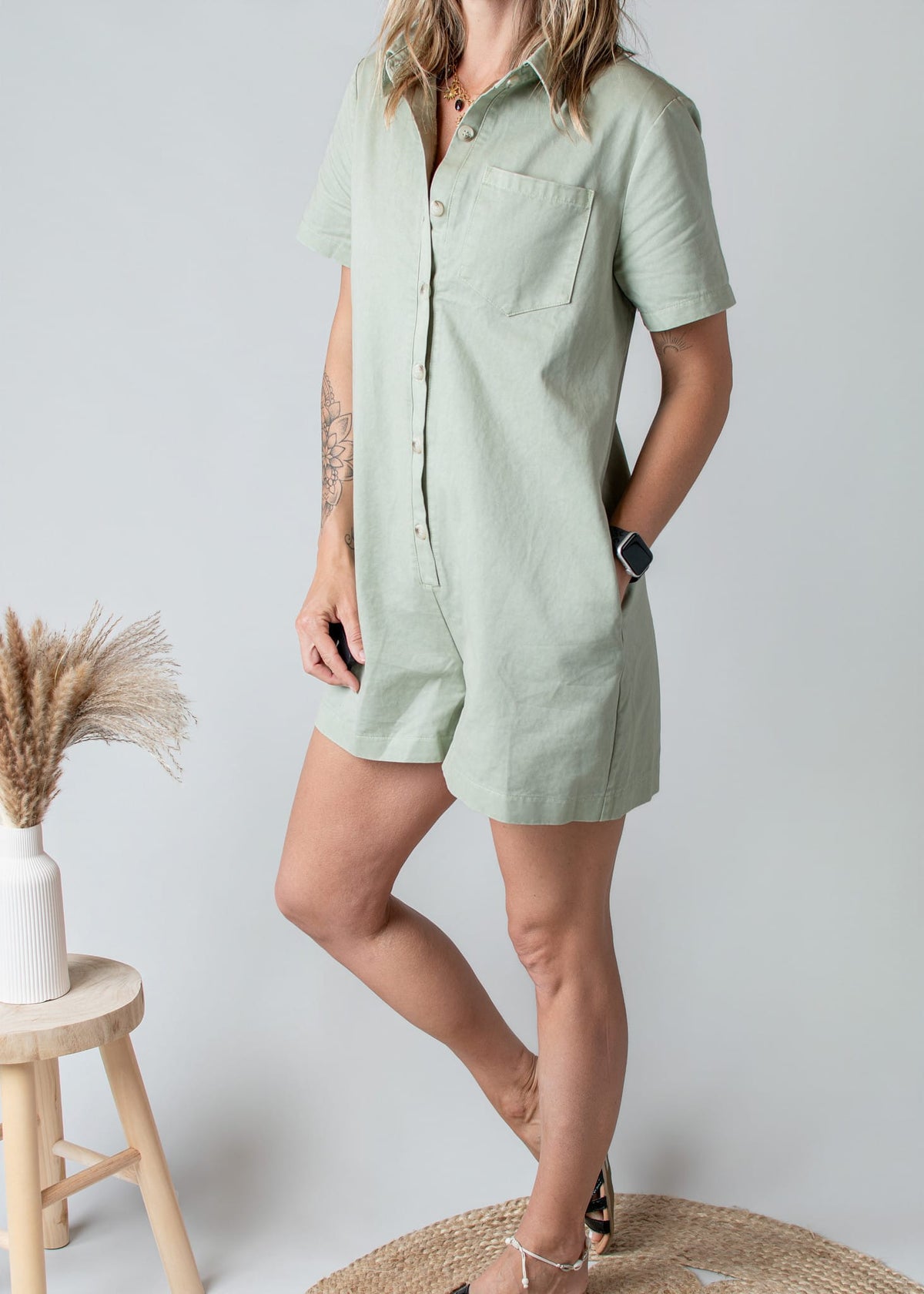 Combishort Droite Coton Kaki Clair Style Denim