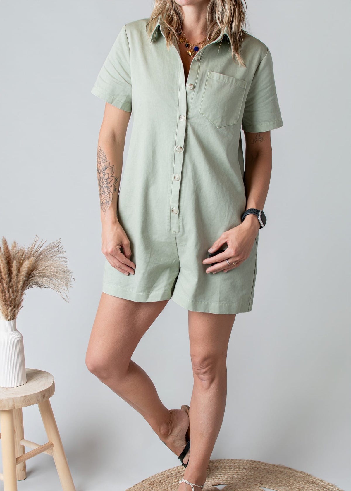 Combishort Droite Coton Kaki Clair Style Denim