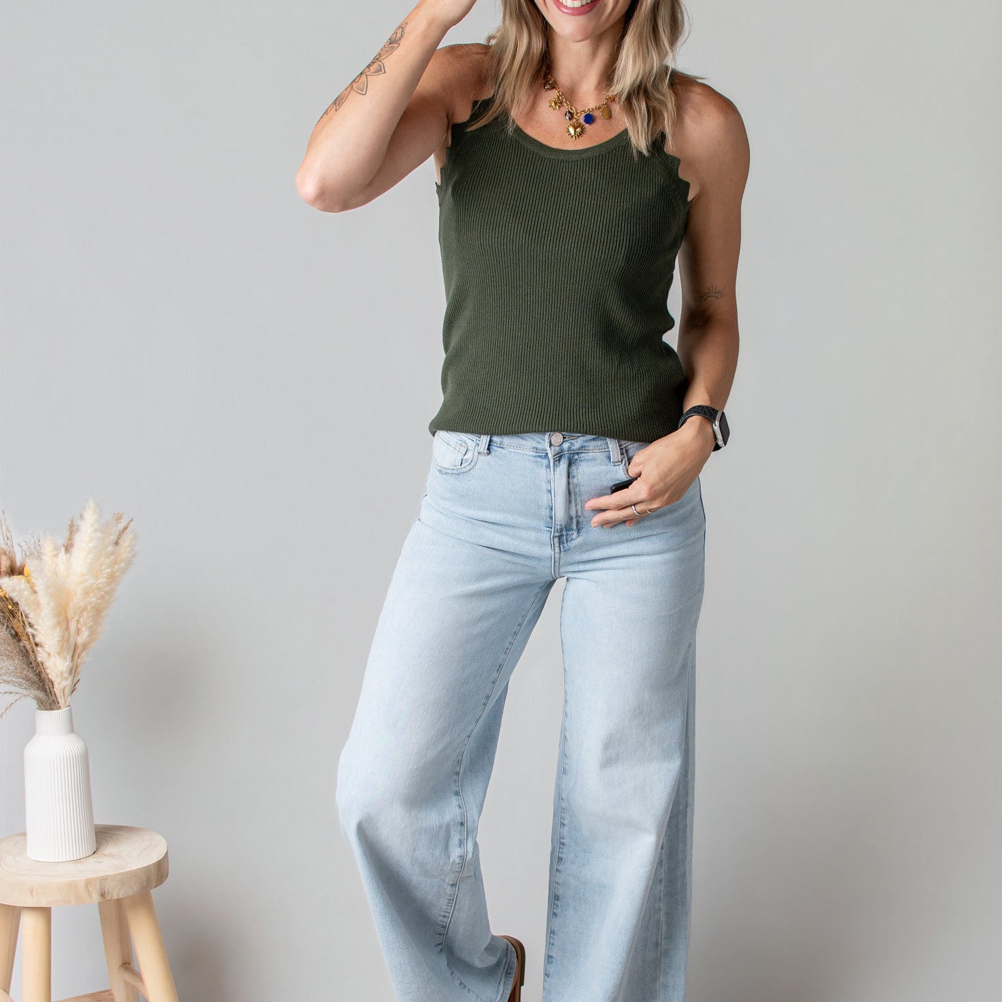Débardeur Côtelé Kaki Coupe Américaine la boutique de lydie