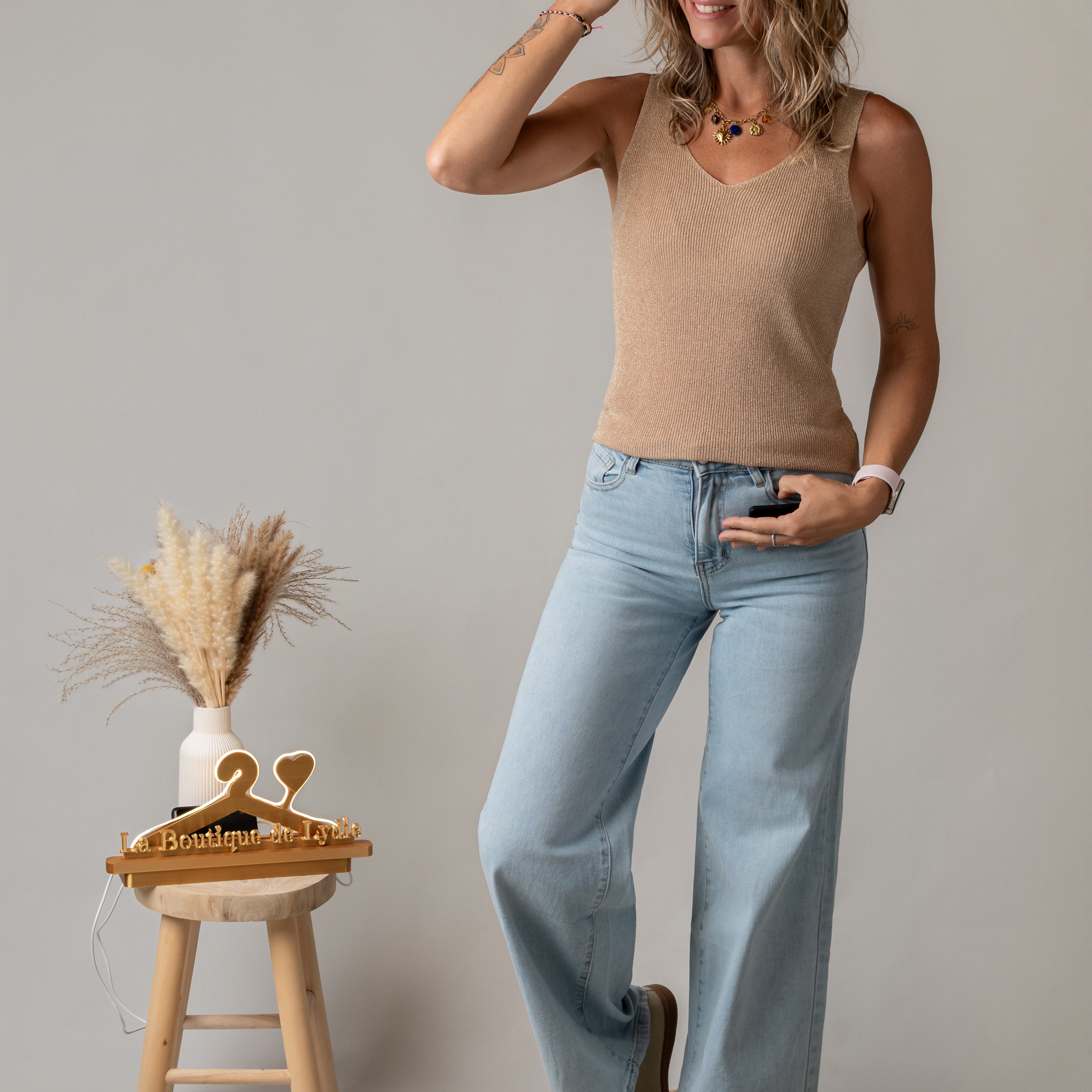 Débardeur maille lurex beige doré la boutique de lydie