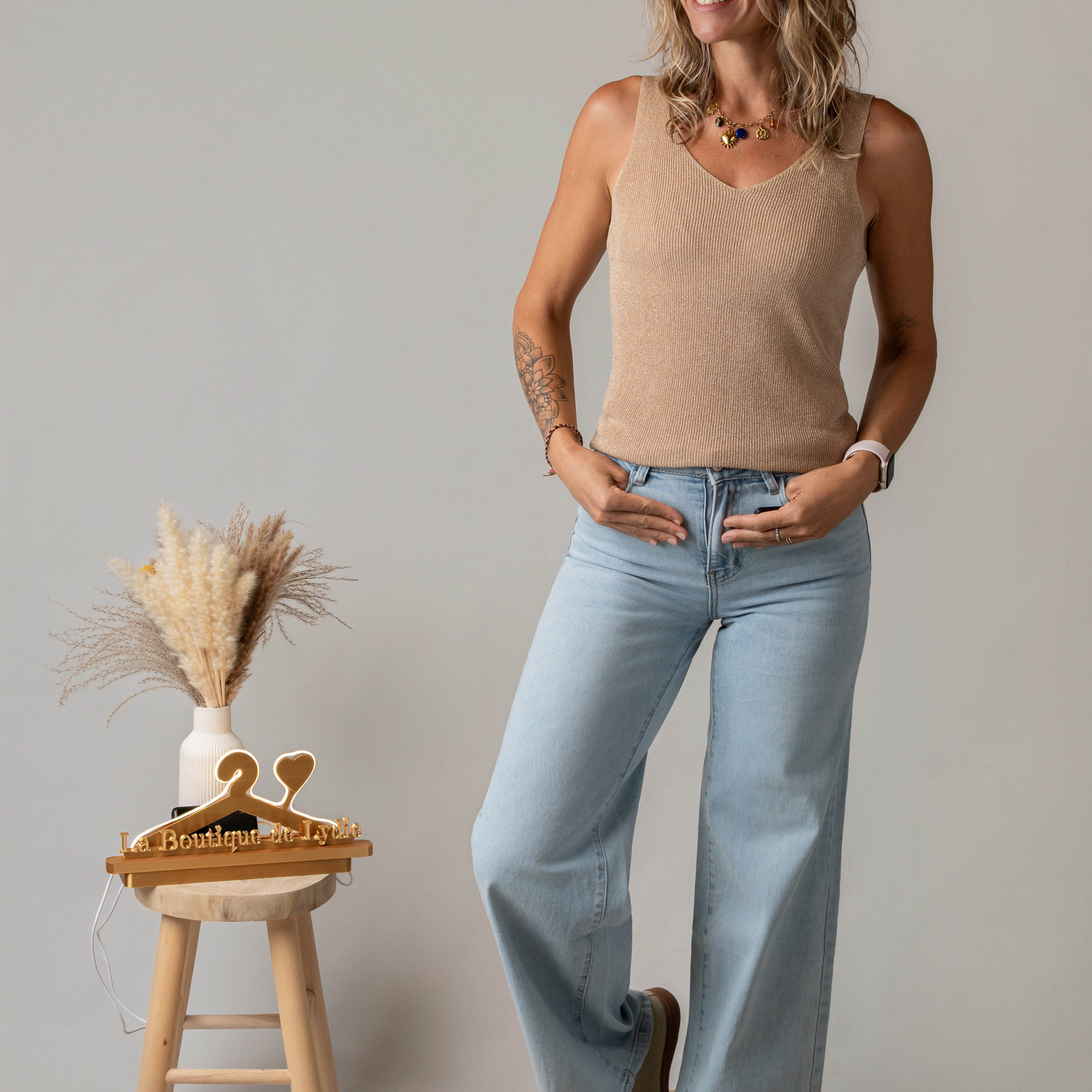 Débardeur maille lurex beige doré