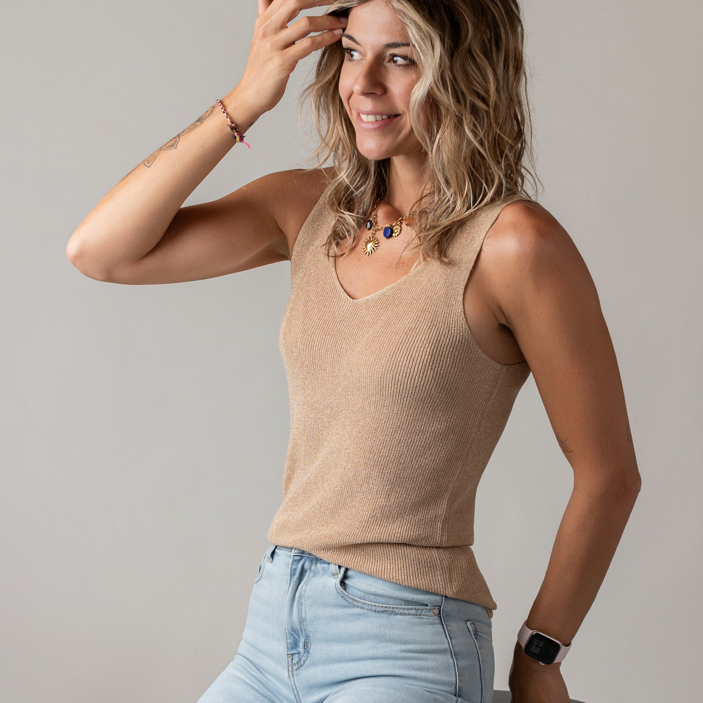 Débardeur maille lurex beige doré