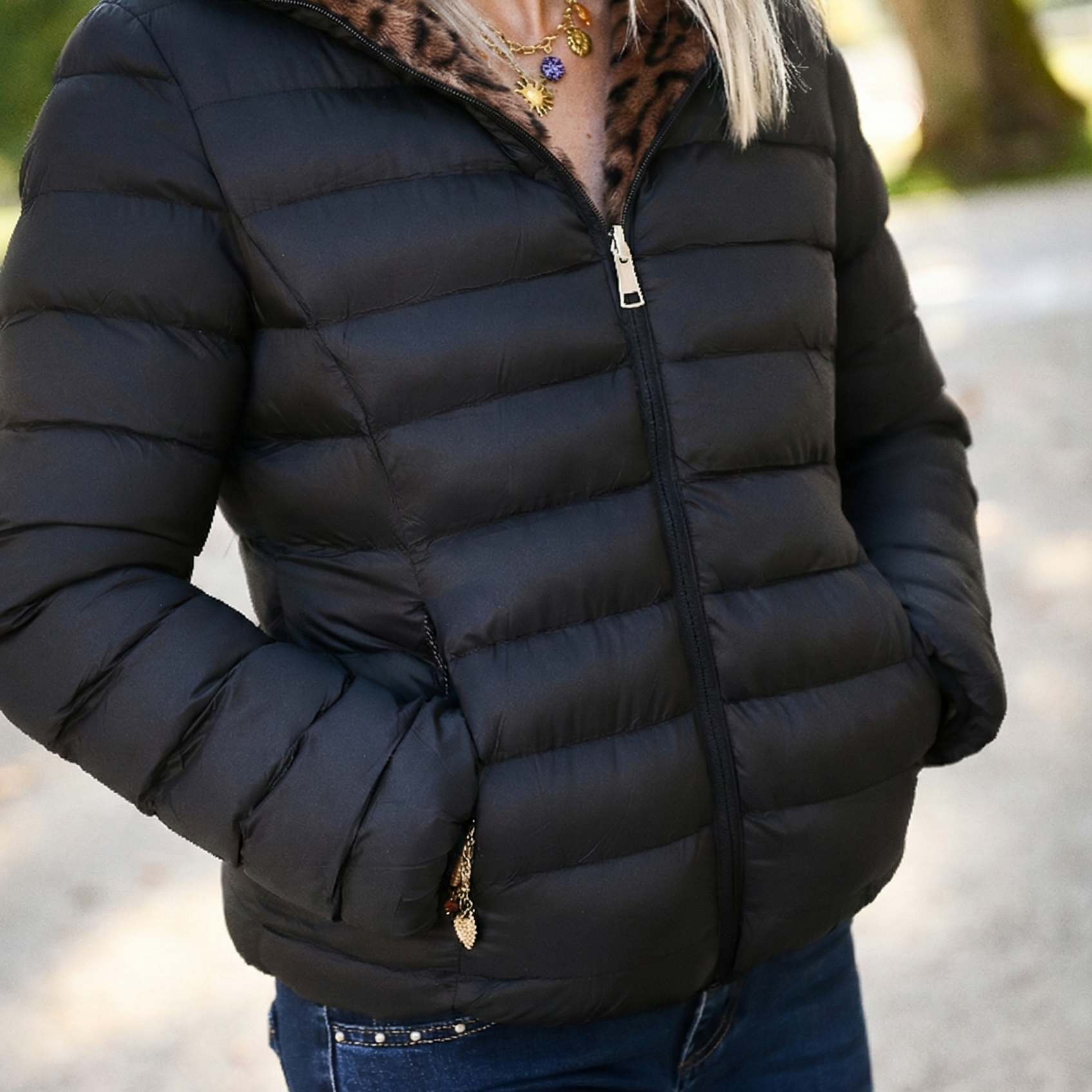 Doudoune réversible noir intérieur fourrure chocolat léopard