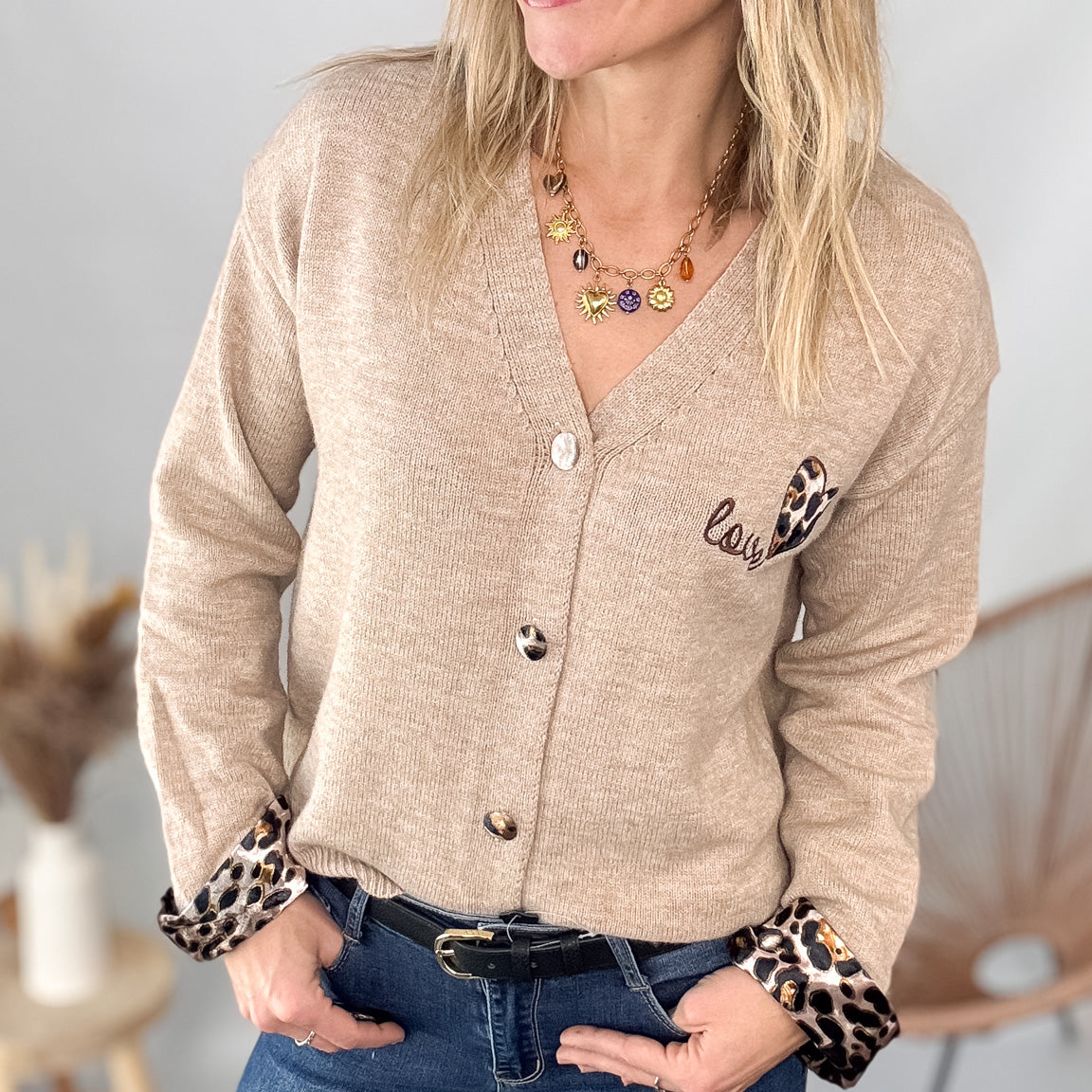 Gilet Cardigan Maille Douce taupe leopard