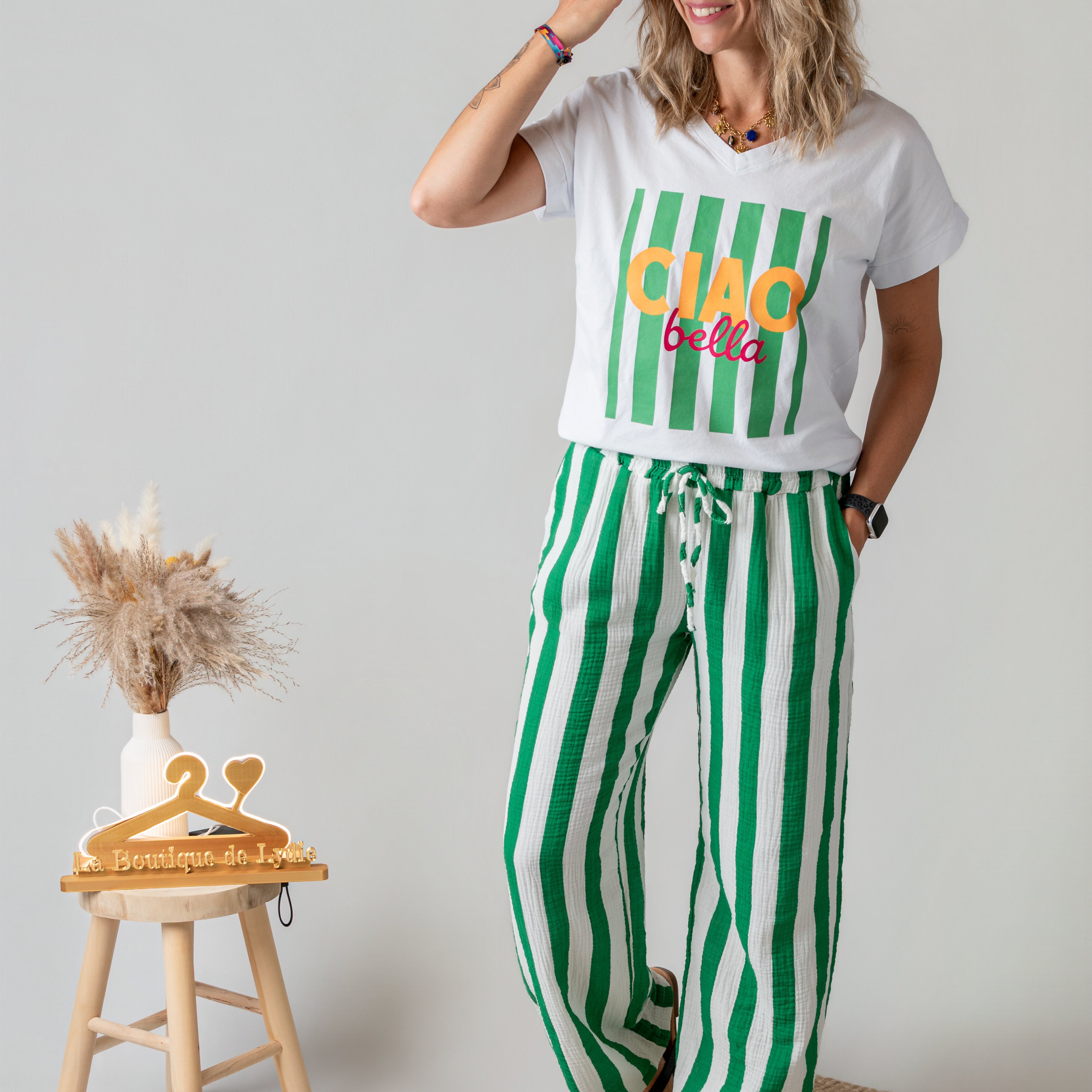 Pantalon en gaze de coton rayé vert femme