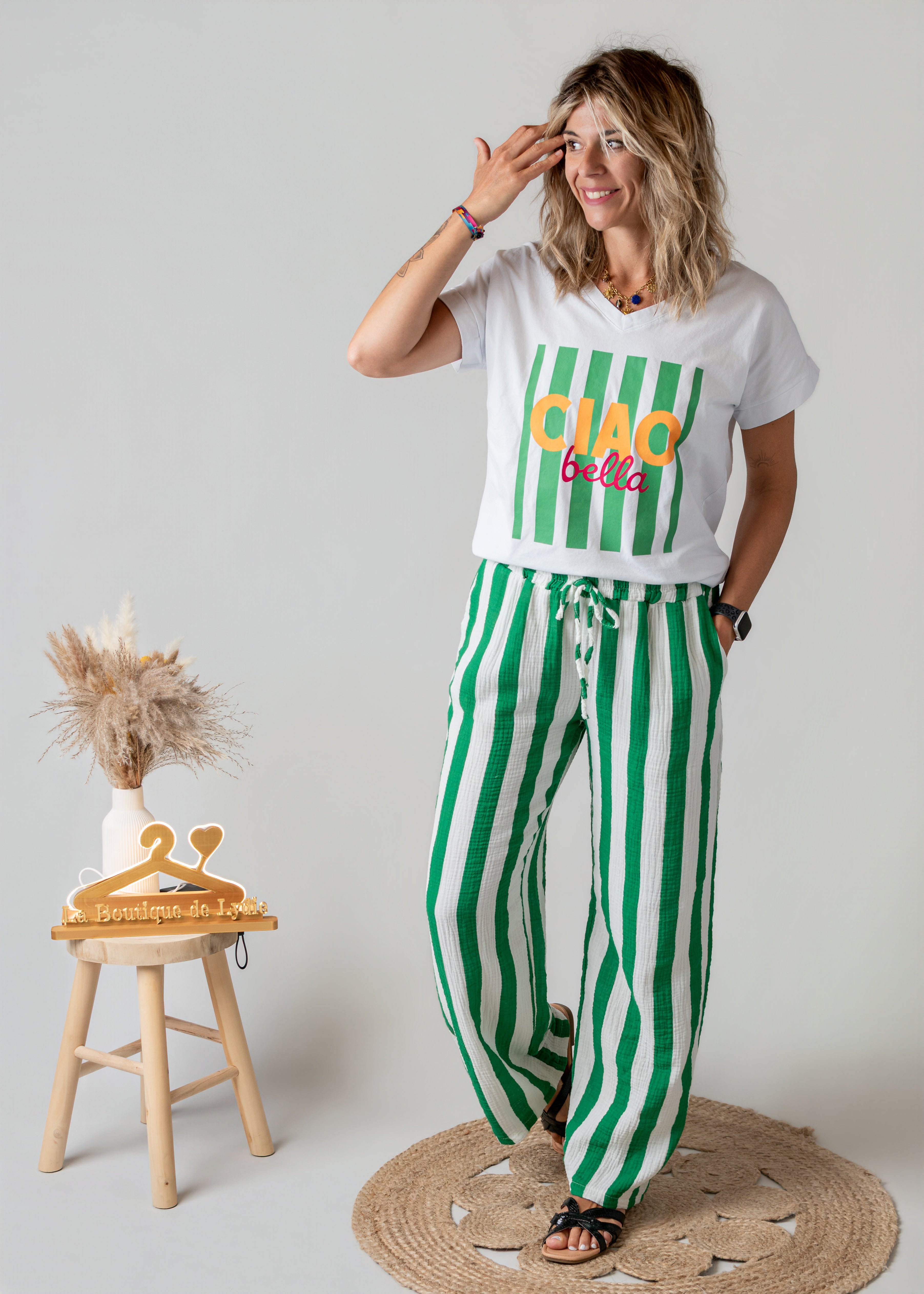 Pantalon en gaze de coton rayé vert femme