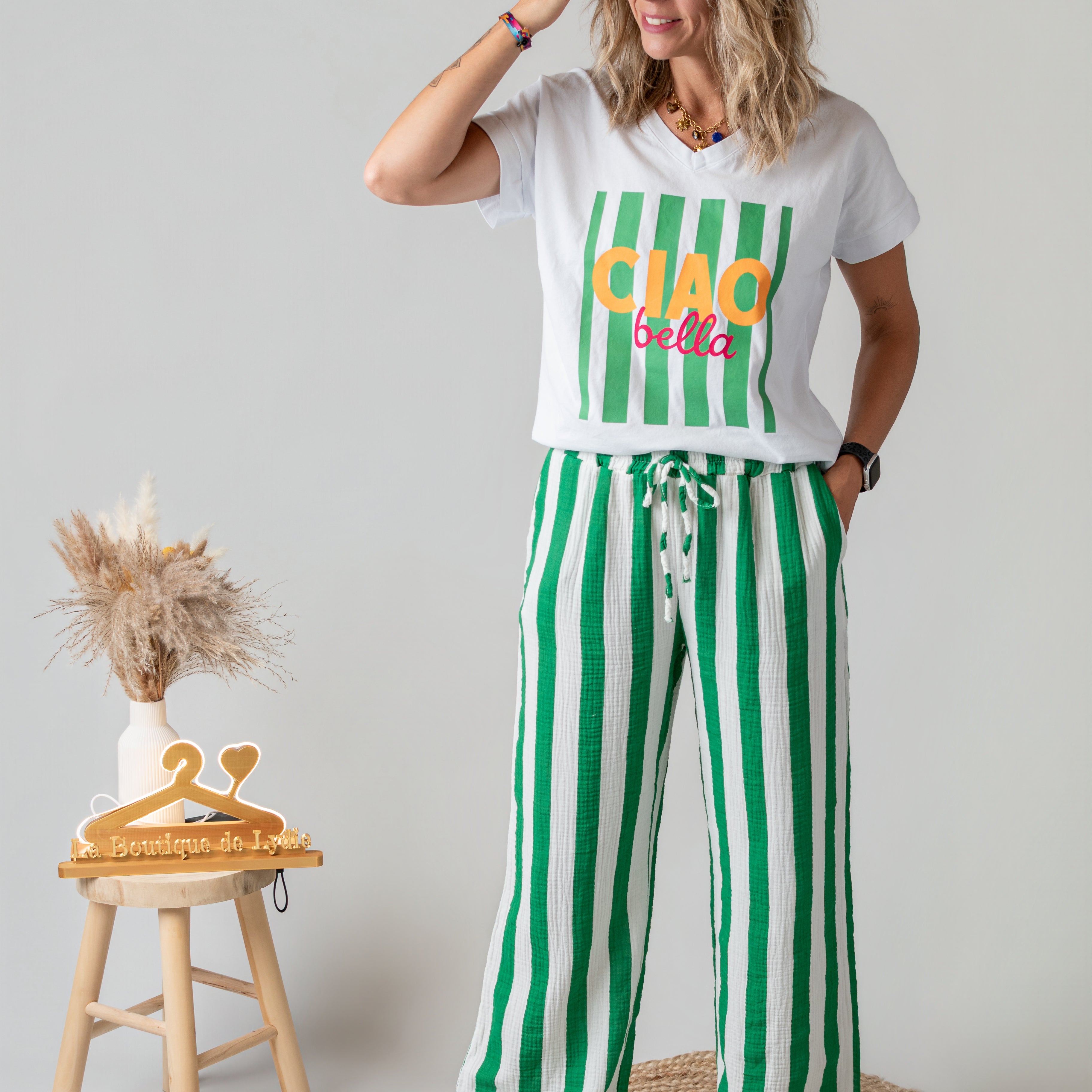 Pantalon en gaze de coton rayé vert la boutique de lydie