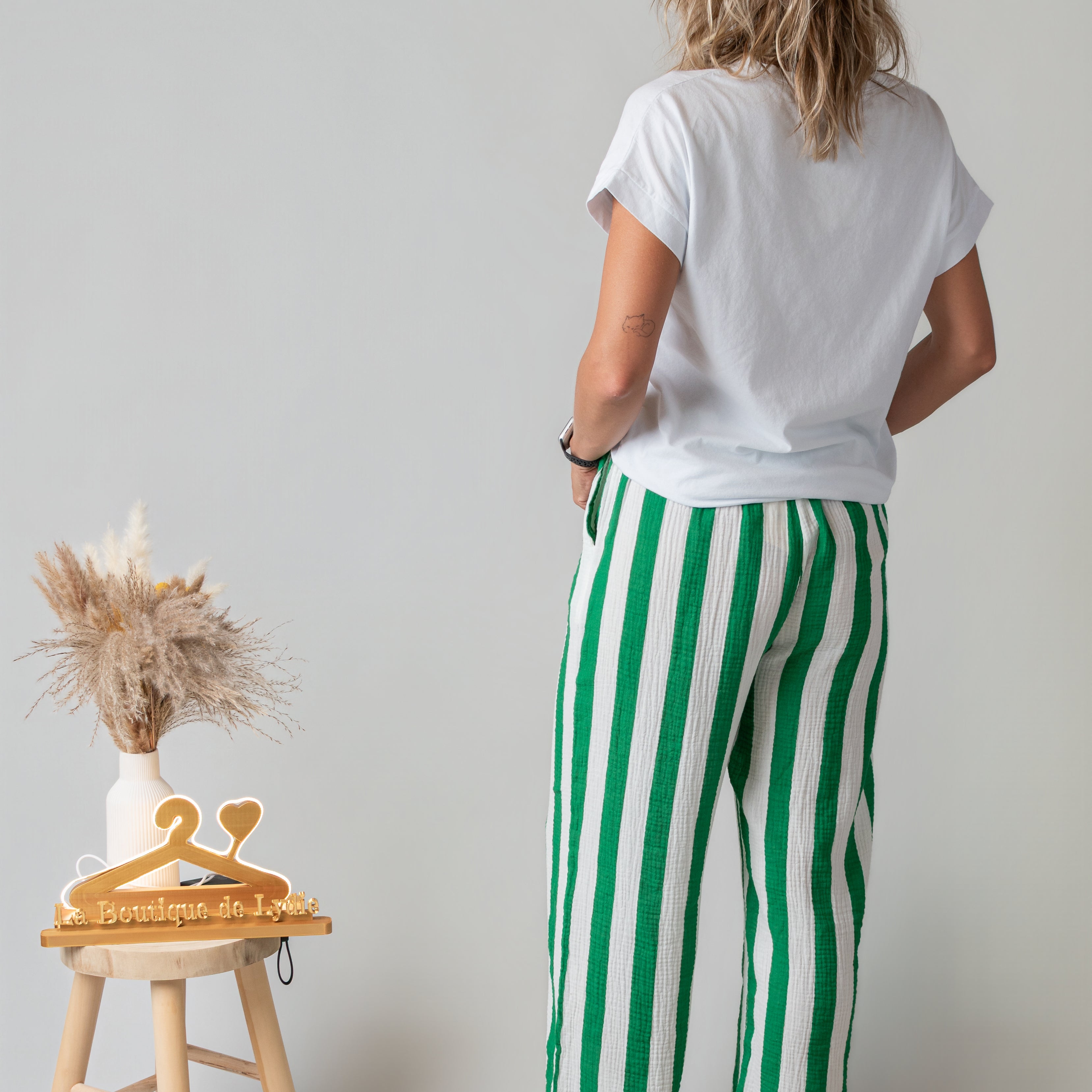Pantalon en gaze de coton rayé vert