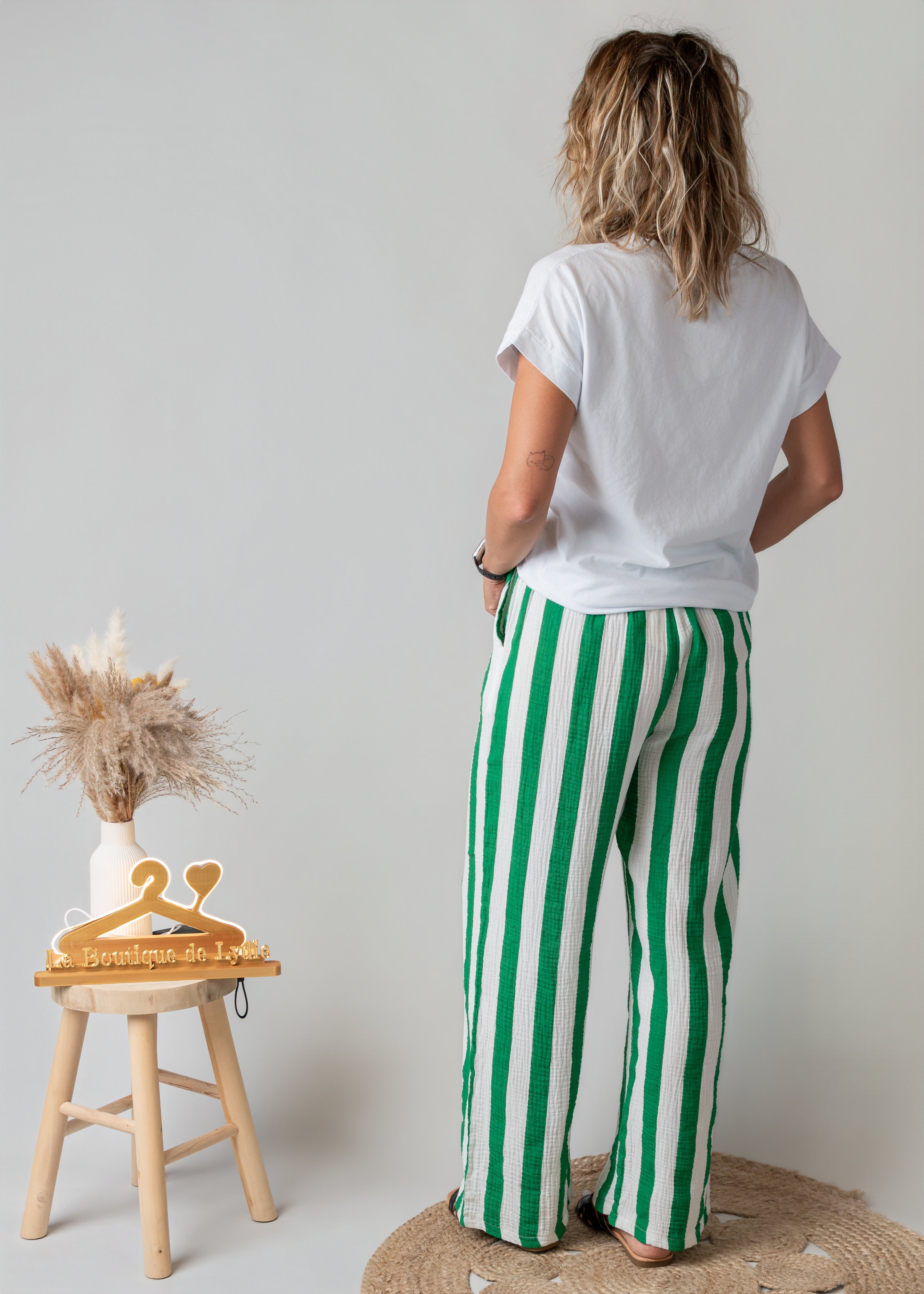 Pantalon en gaze de coton rayé vert