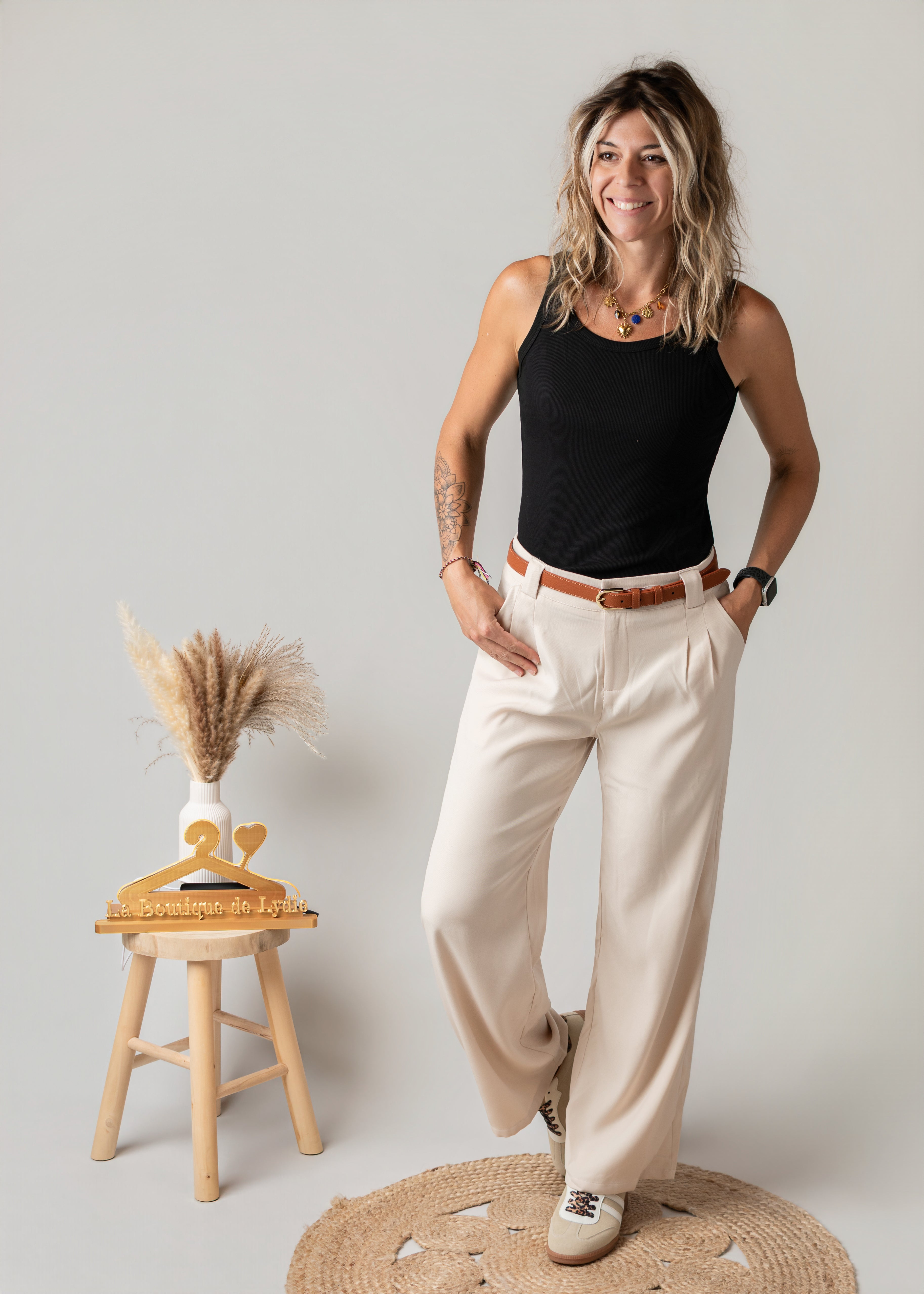 Pantalon de tailleur palazzo beige la Boutique de Lydie