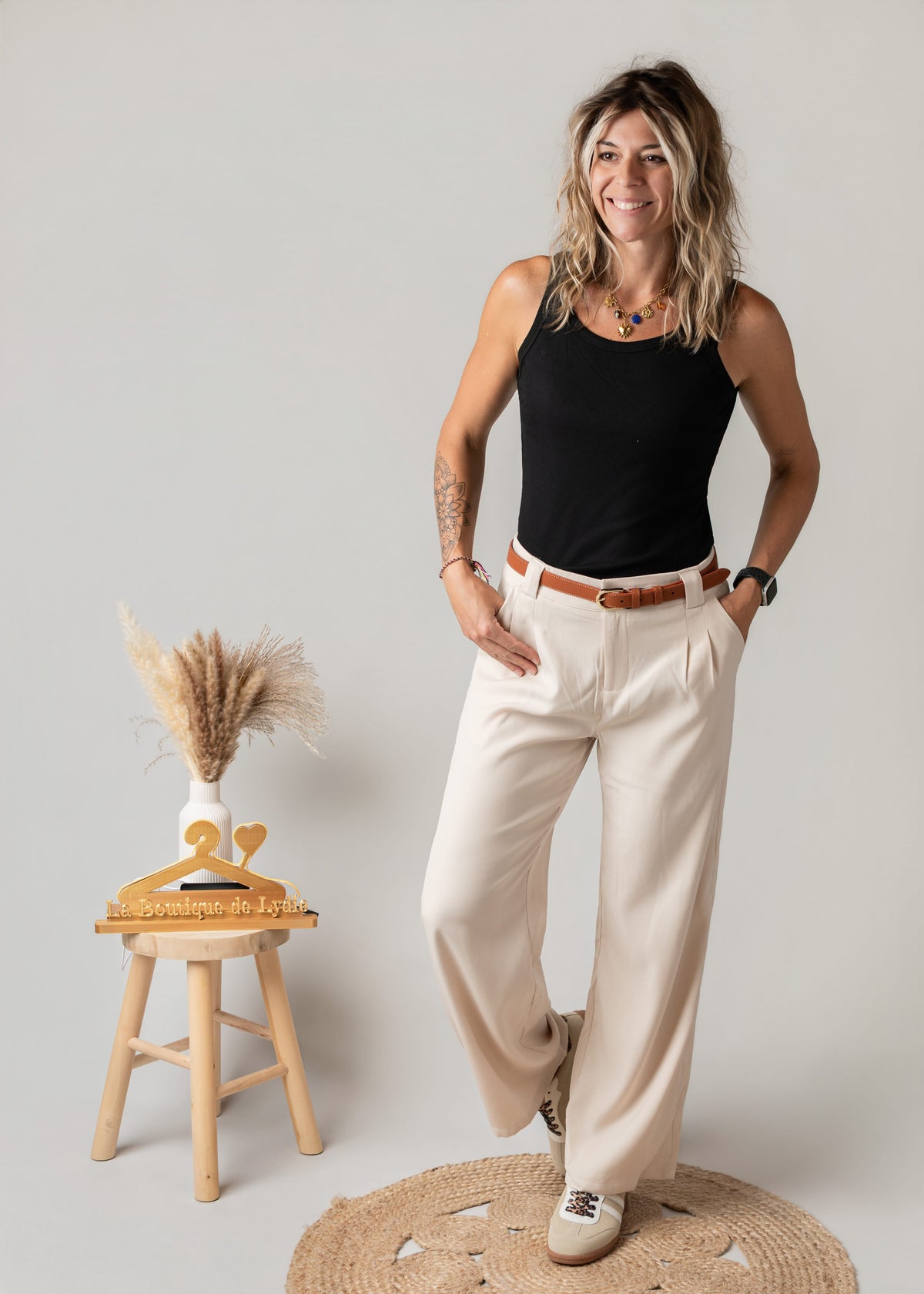 Pantalon de tailleur palazzo beige la Boutique de Lydie