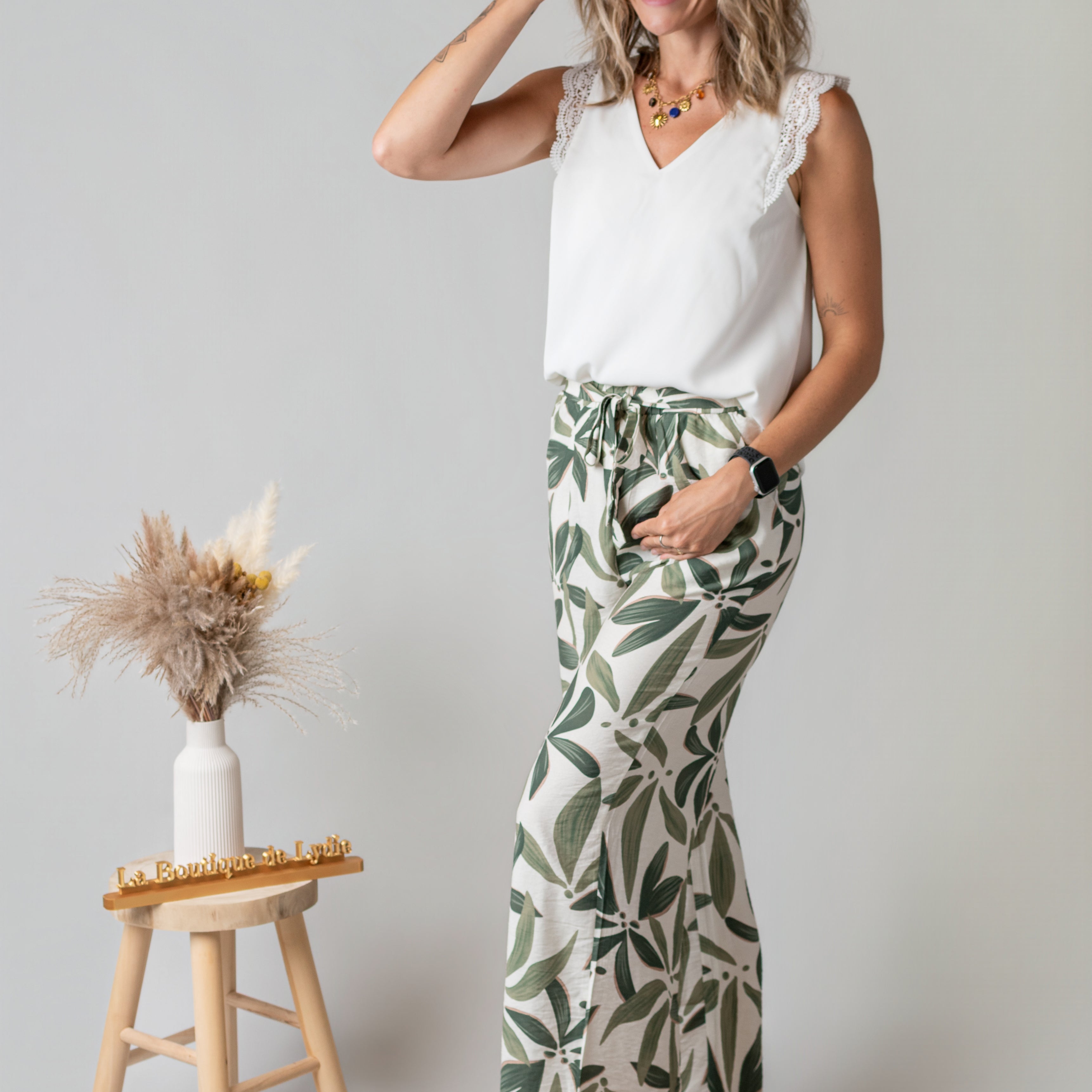 Pantalon Fluide Tropical Kaki & Écru la boutique de lydie