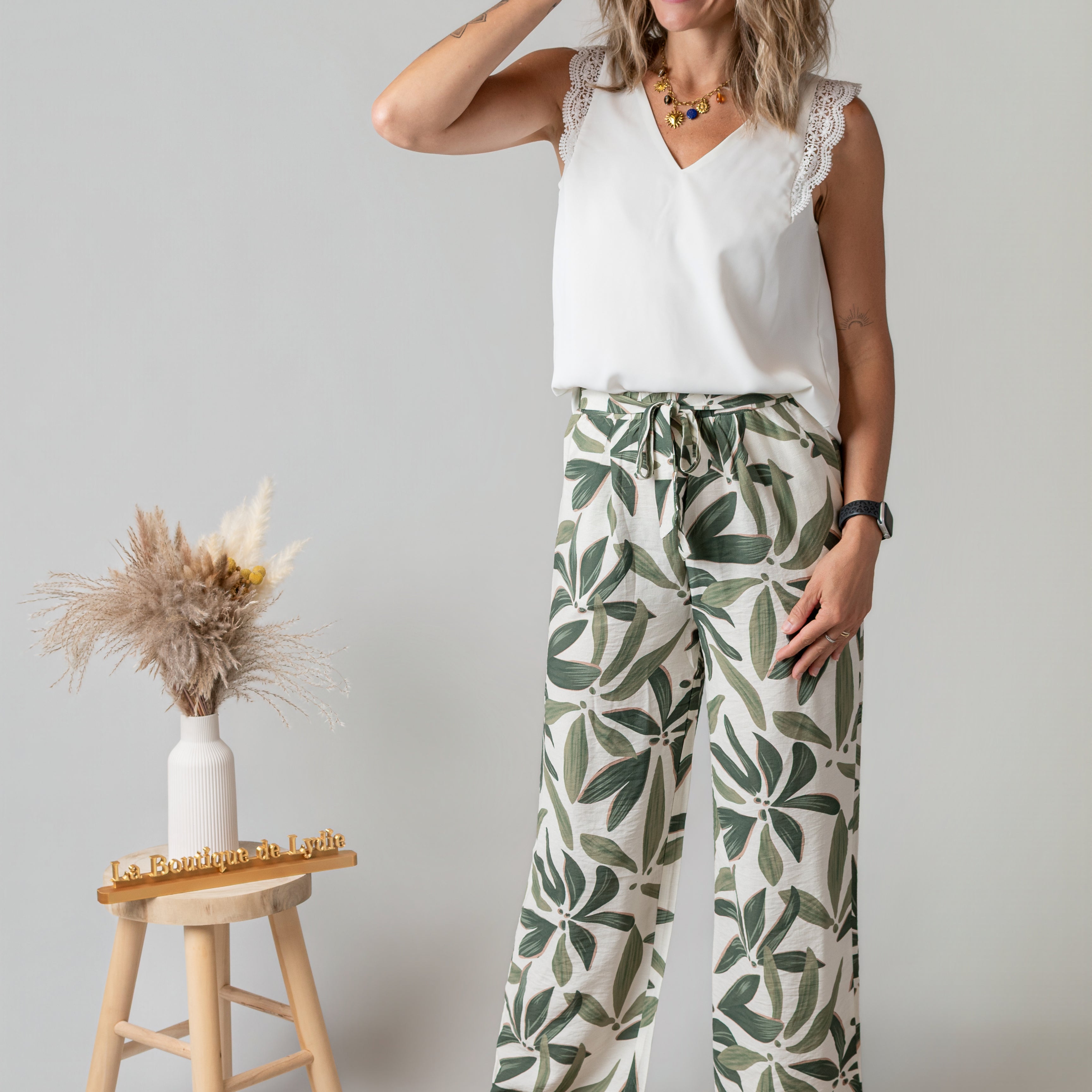 Pantalon Fluide Tropical Kaki & Écru la boutique de lydie