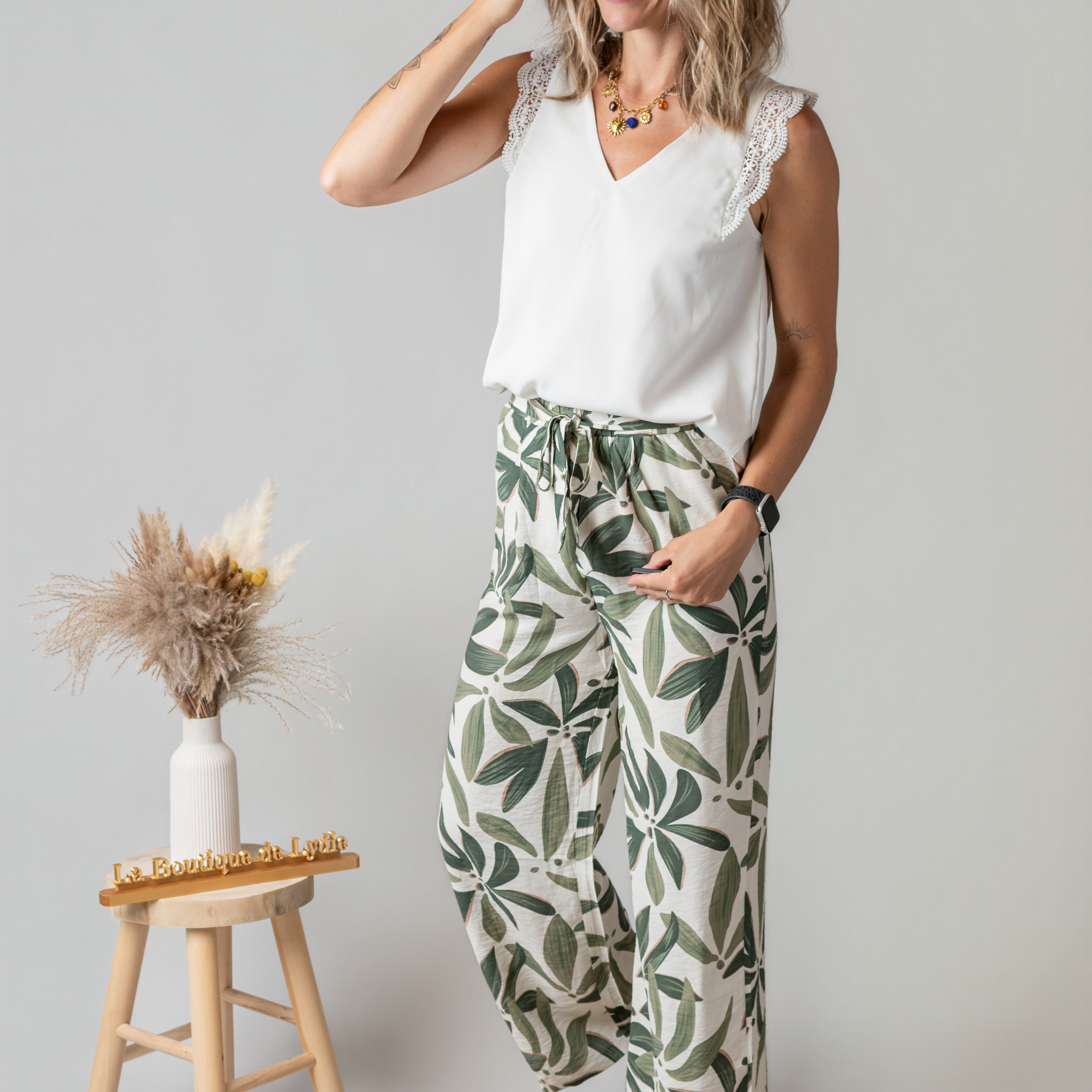 Pantalon Fluide Tropical Kaki & Écru la boutique de lydie