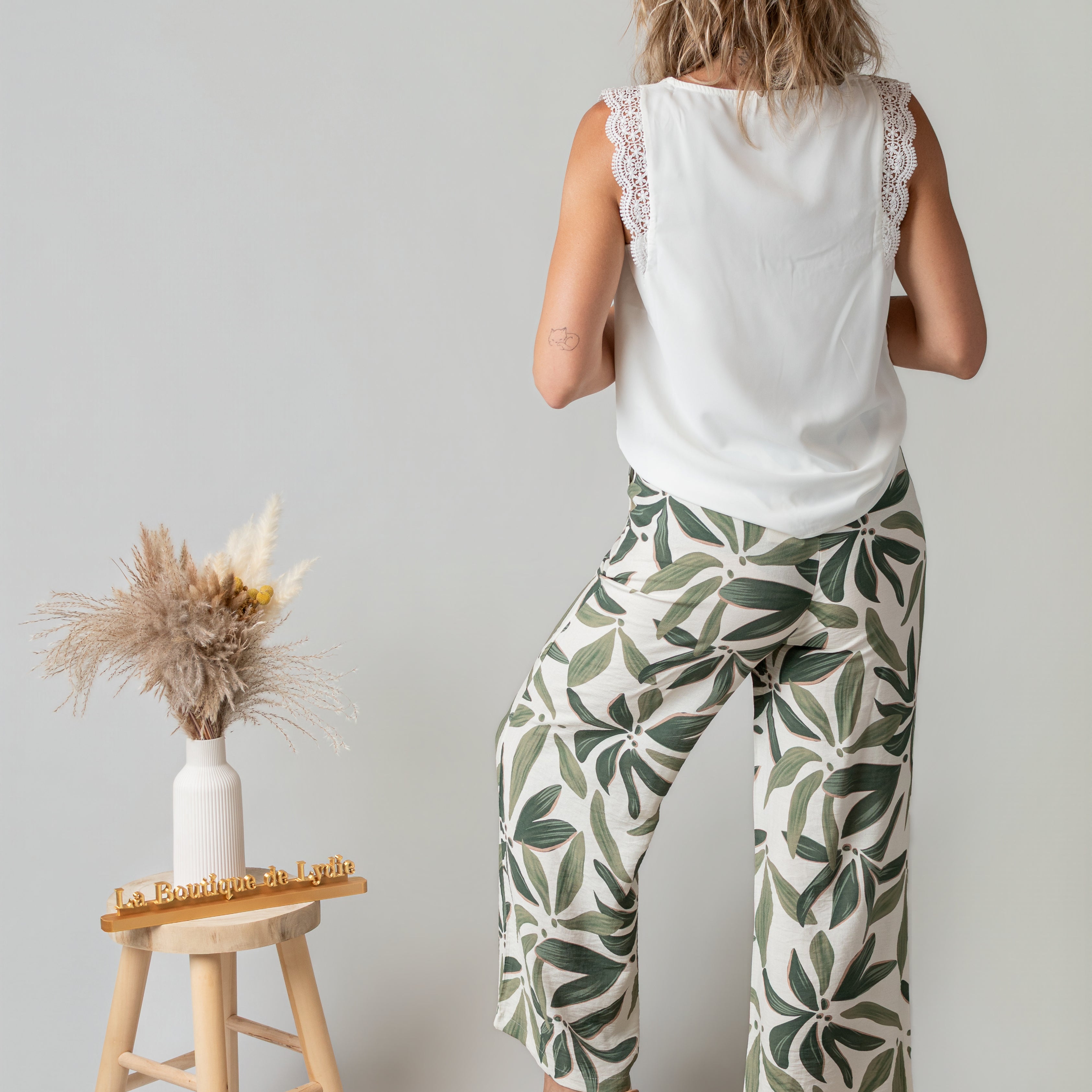 Pantalon Fluide Tropical Kaki & Écru