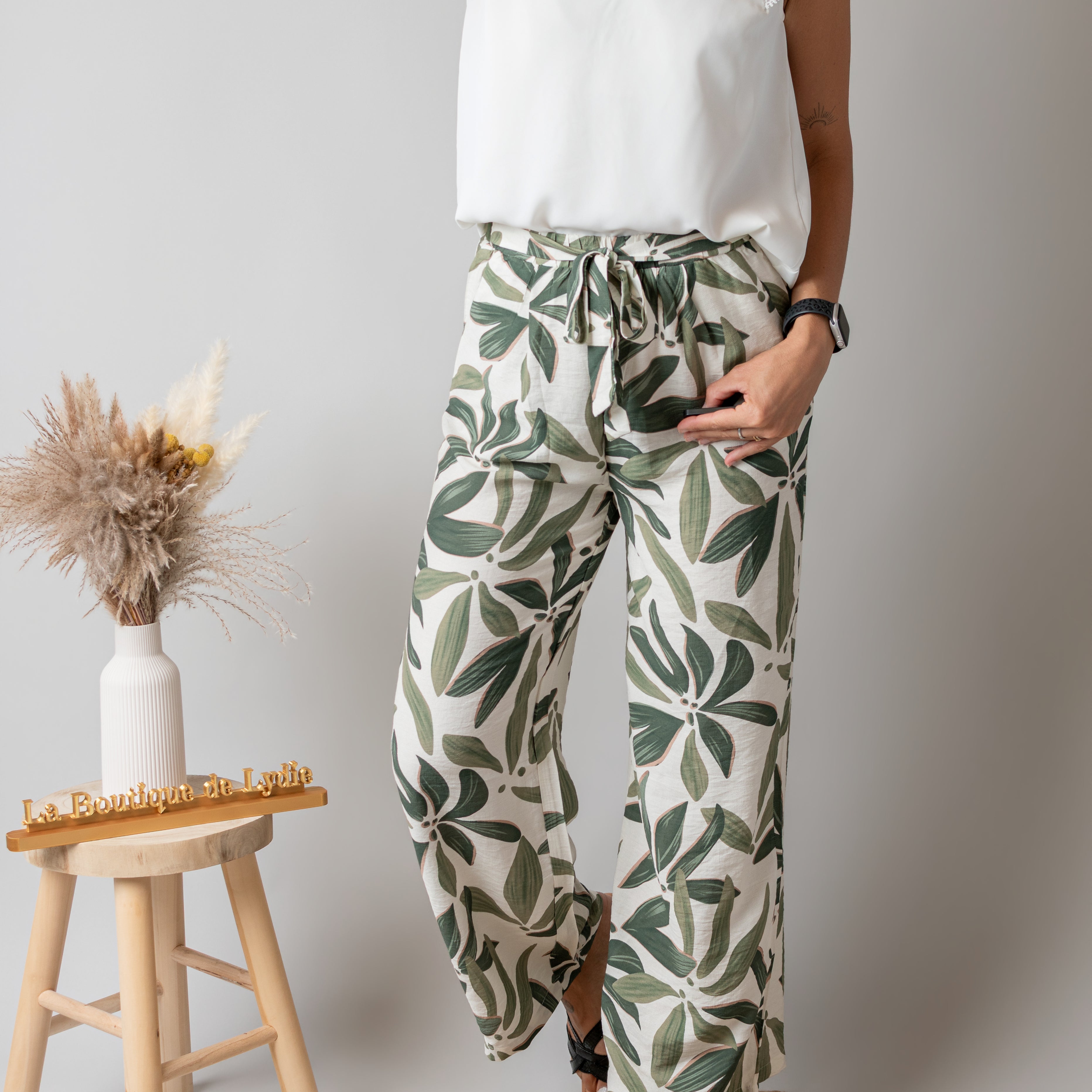 Pantalon Fluide Tropical Kaki & Écru