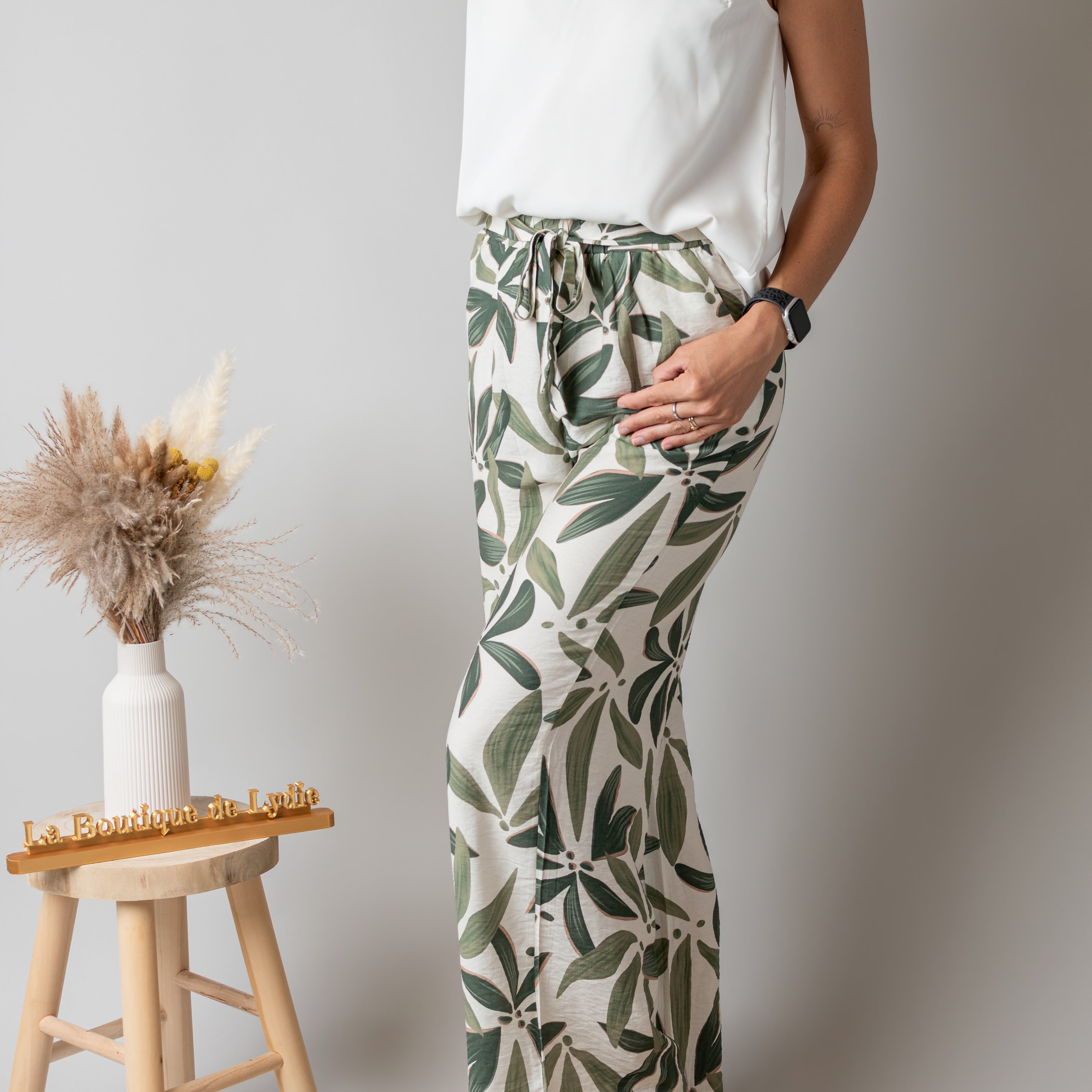 Pantalon Fluide Tropical Kaki & Écru