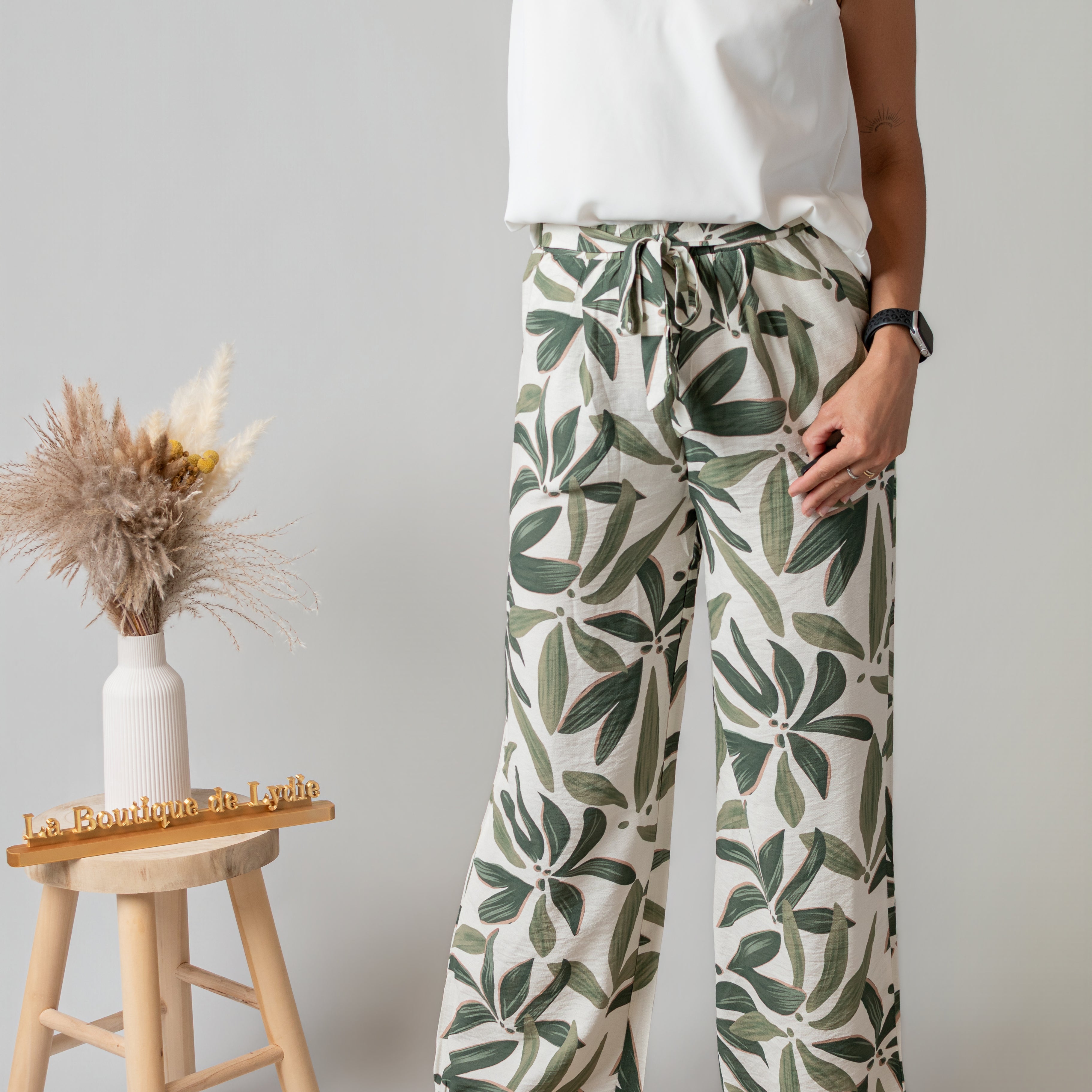 Pantalon Fluide Tropical Kaki & Écru
