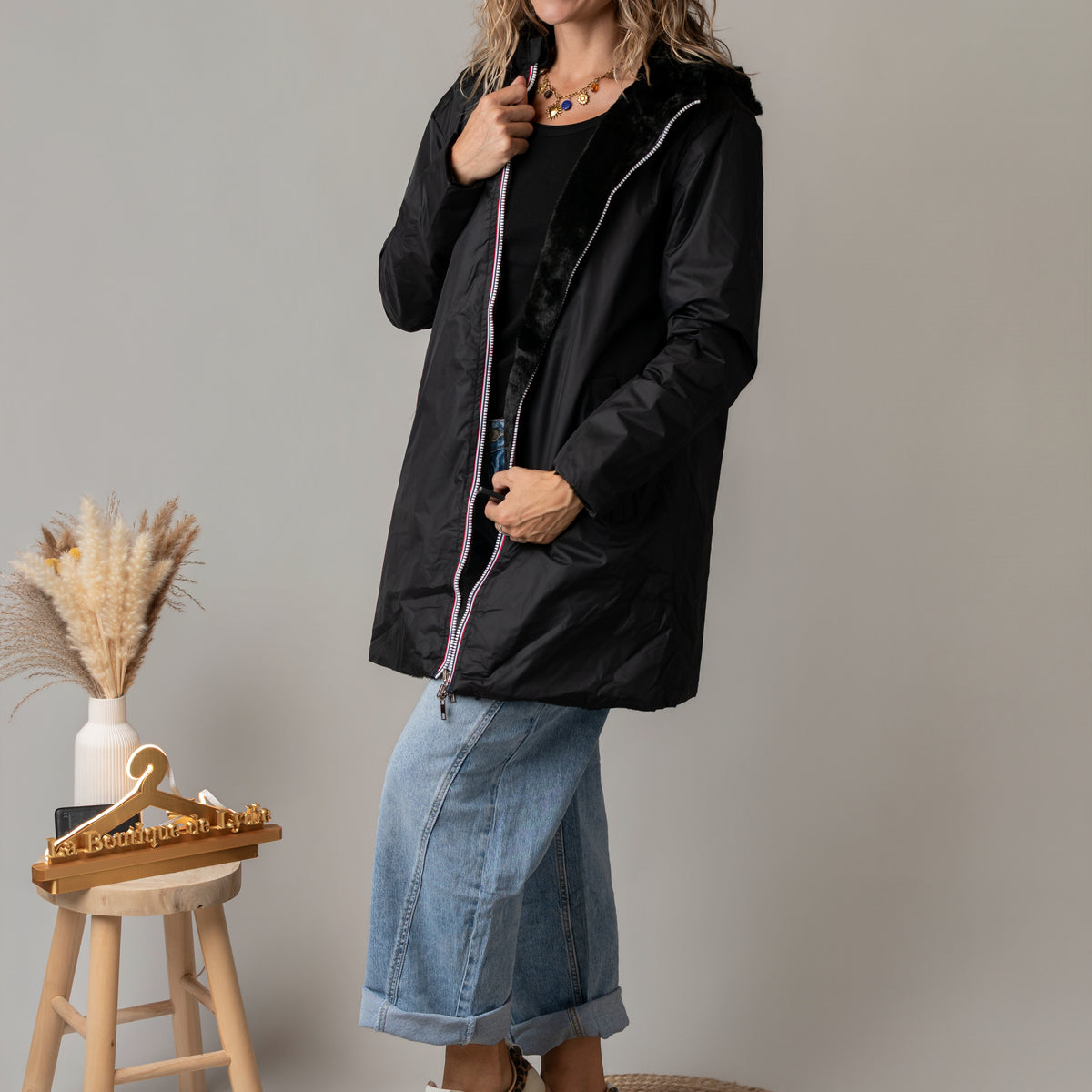 Parka noir imperméable mi longue réversible la boutique de lydie